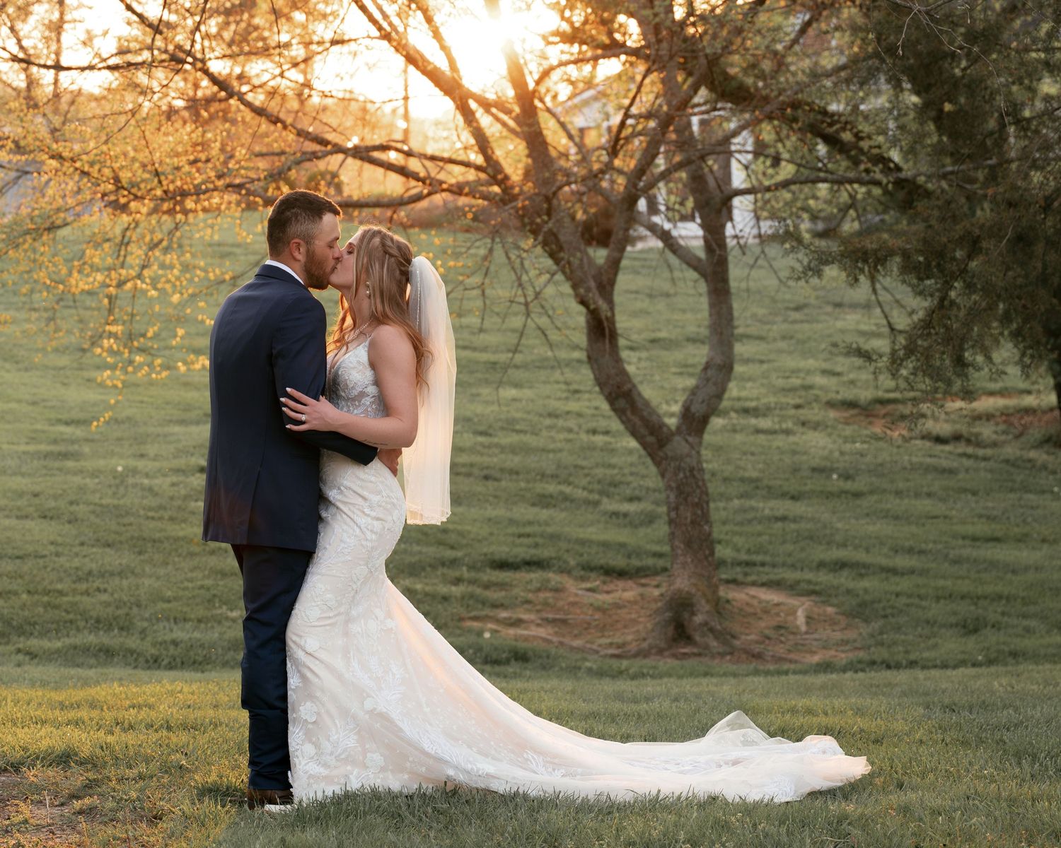 Bride and groom sharing a romantic kiss in golden sunset light beneath a beautiful tree outdoors.