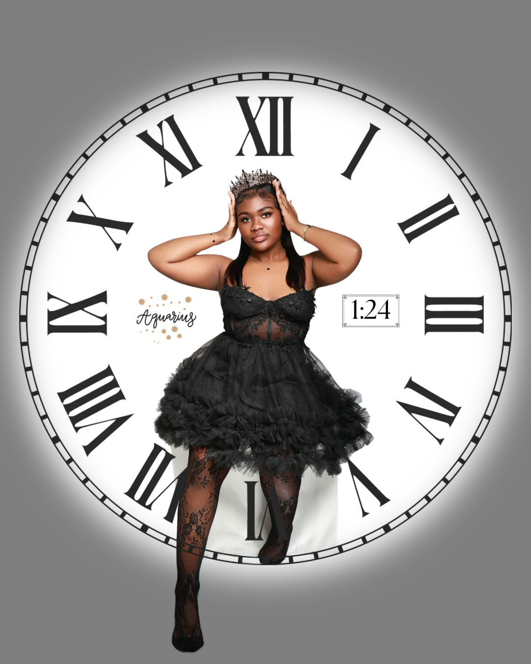 Woman in black tulle dress with crown poses before large clock face reading 1:24 Aquarius.