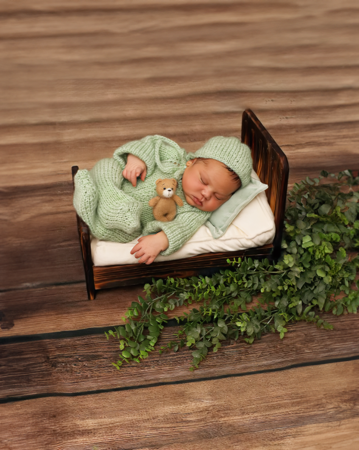 Peaceful newborn in mint green knit romper sleeping with teddy bear in tiny wooden bed.