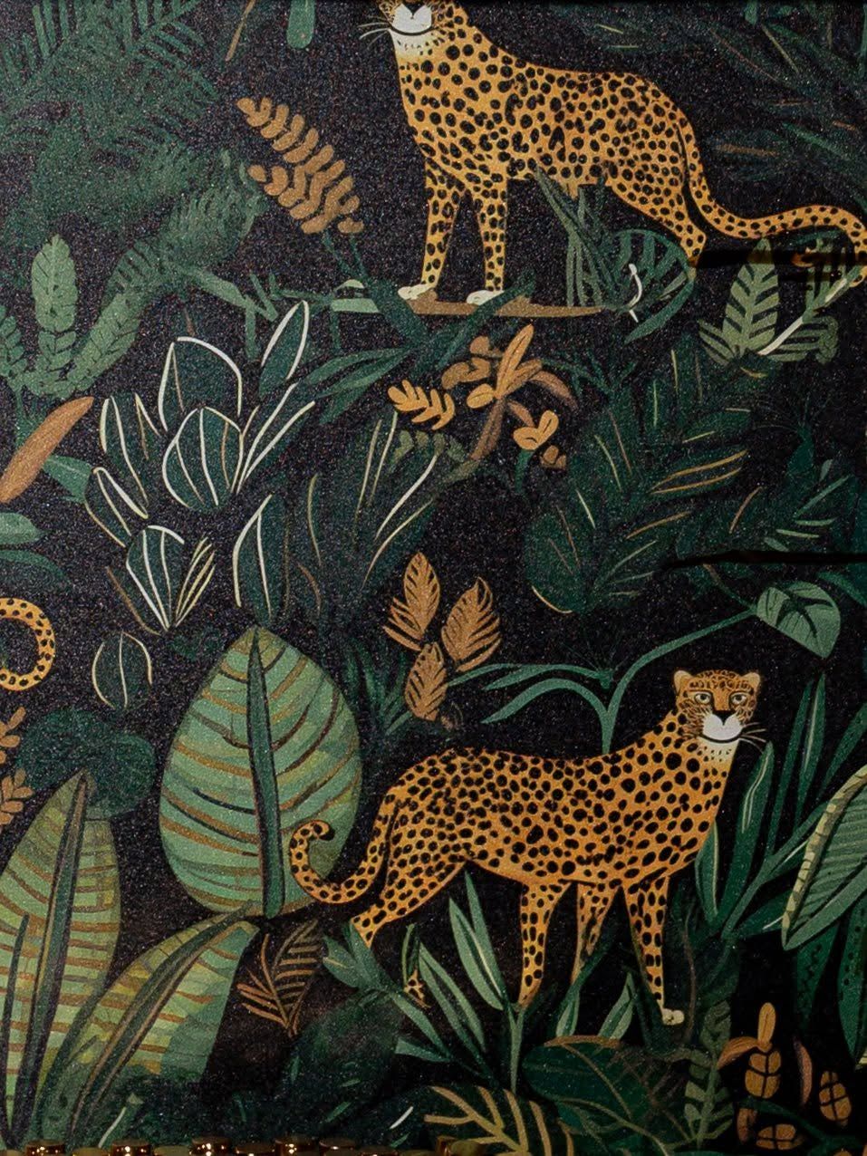 Two leopards prowl among lush tropical jungle foliage on a dark background in this exotic botanical art print.