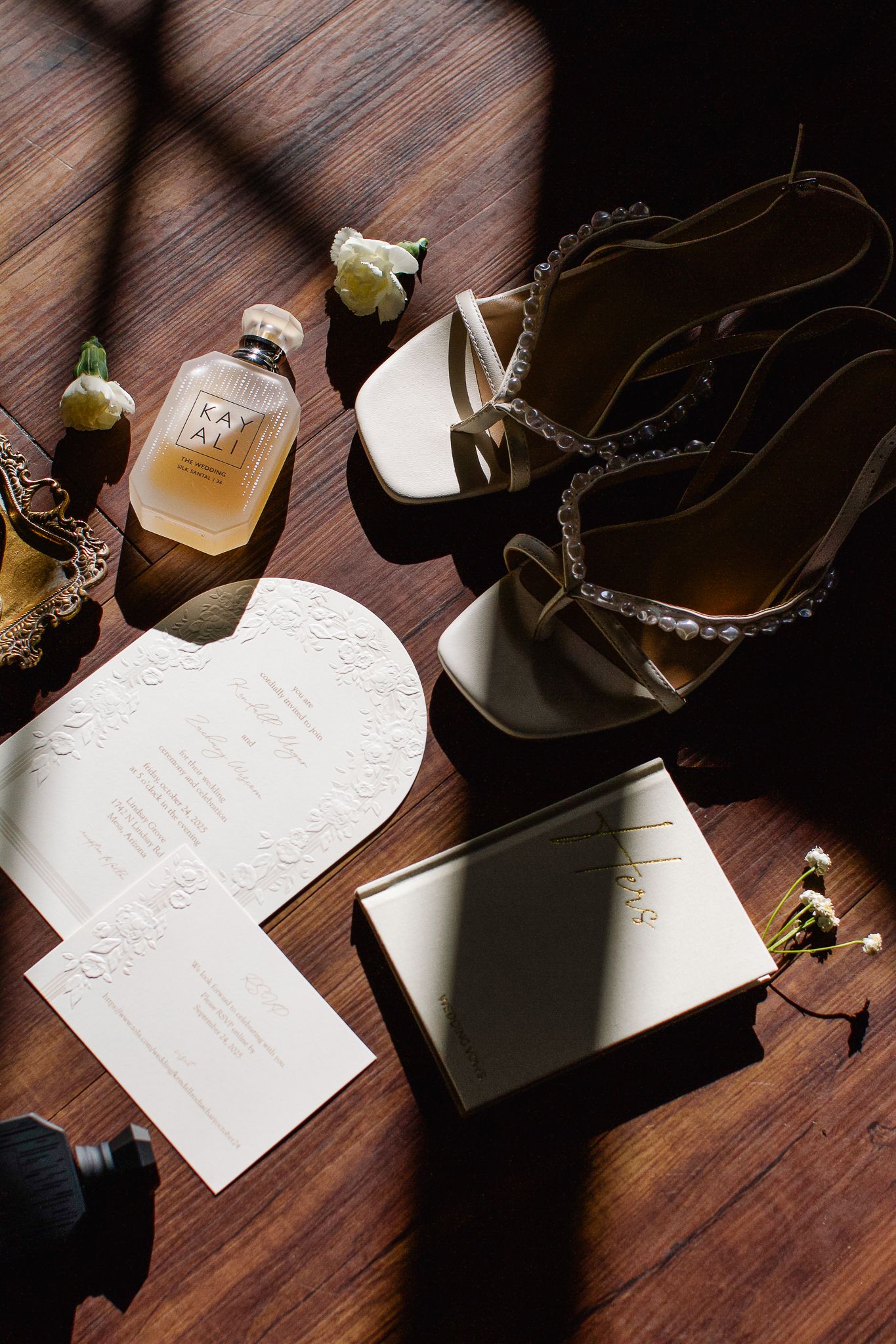 A sequence of photos showing handwritten notes and papers on a dark wooden desk with shadows and soft lighting.