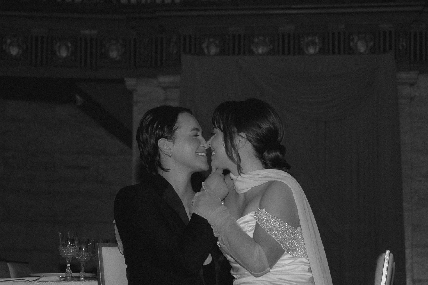 Monochrome collage of romantic wedding photos showing couples sharing special moments at their ceremonies.