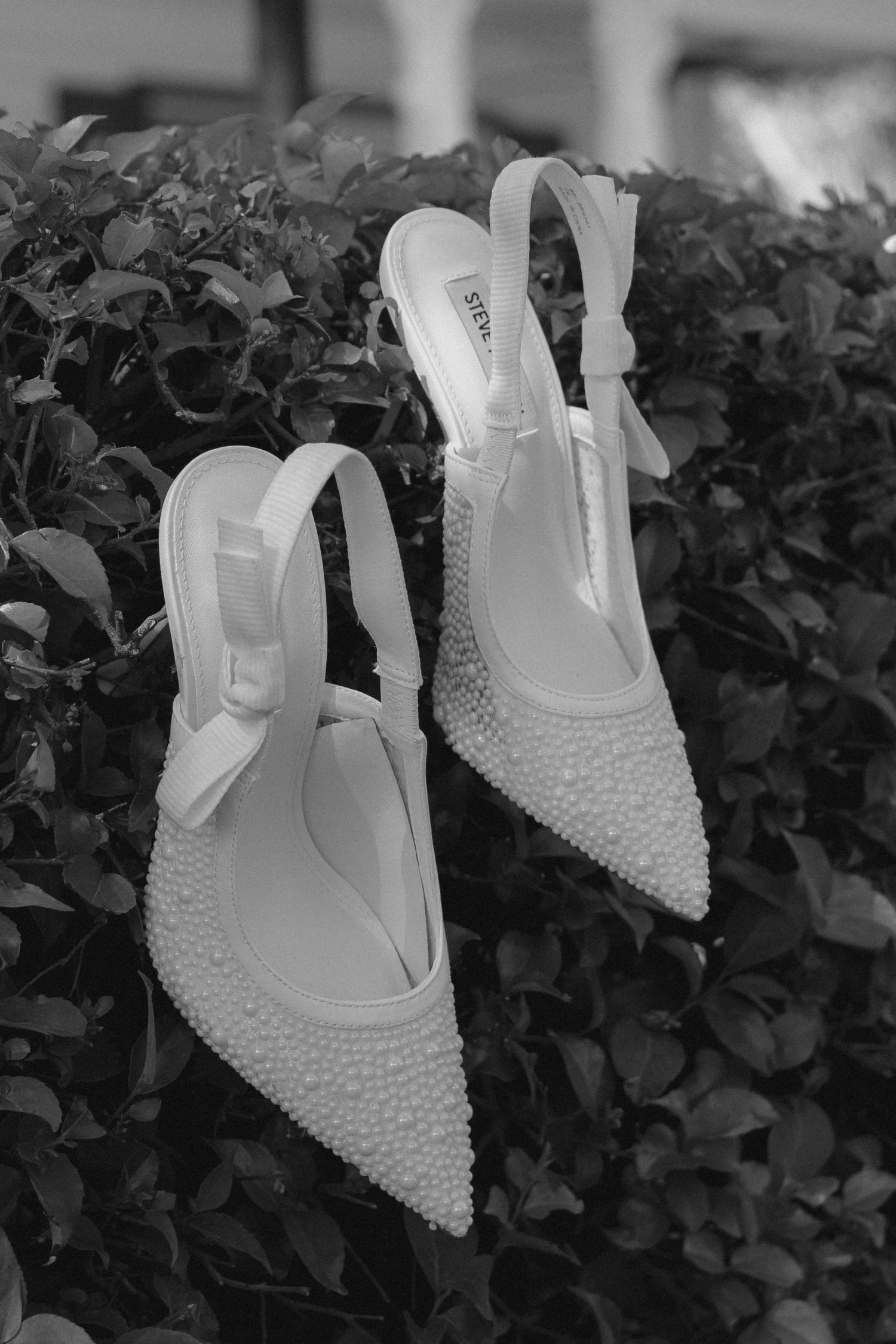 Black and white photo of pearl-embellished bridal slingback heels with bow detail resting on green bushes.
