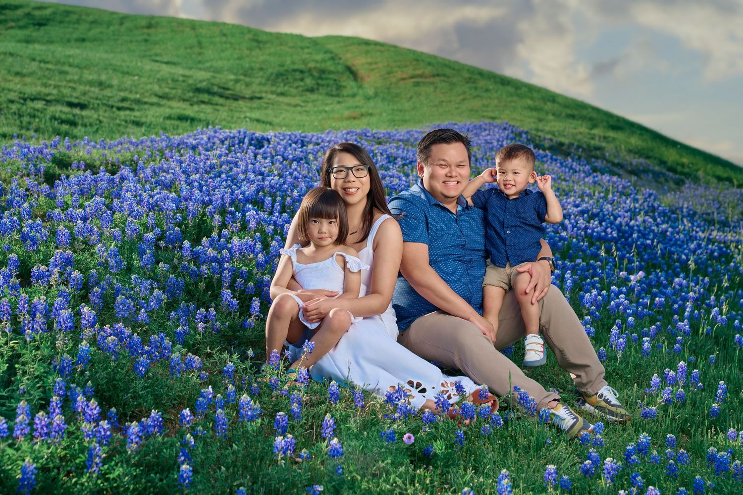 A happy Asian family of four sits together in a stunning field of blooming purple wildflowers.