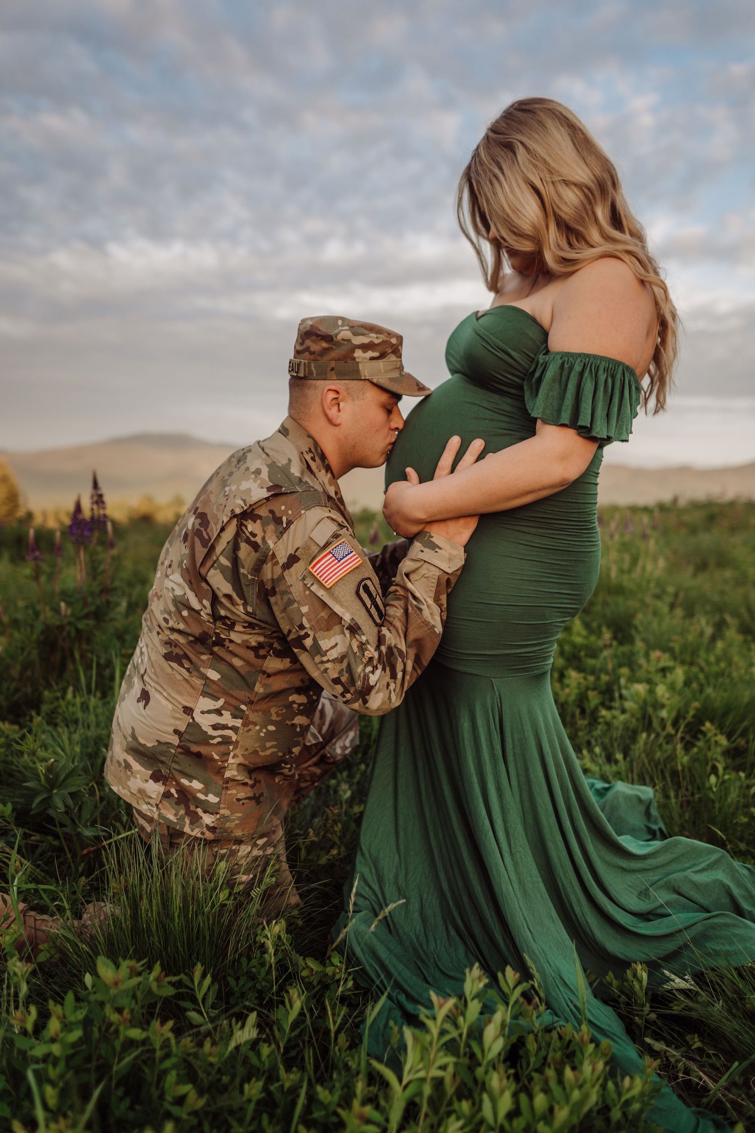 Maternity photography session in Littleton, NH featuring an outdoor White Mountains golden hour portrait.