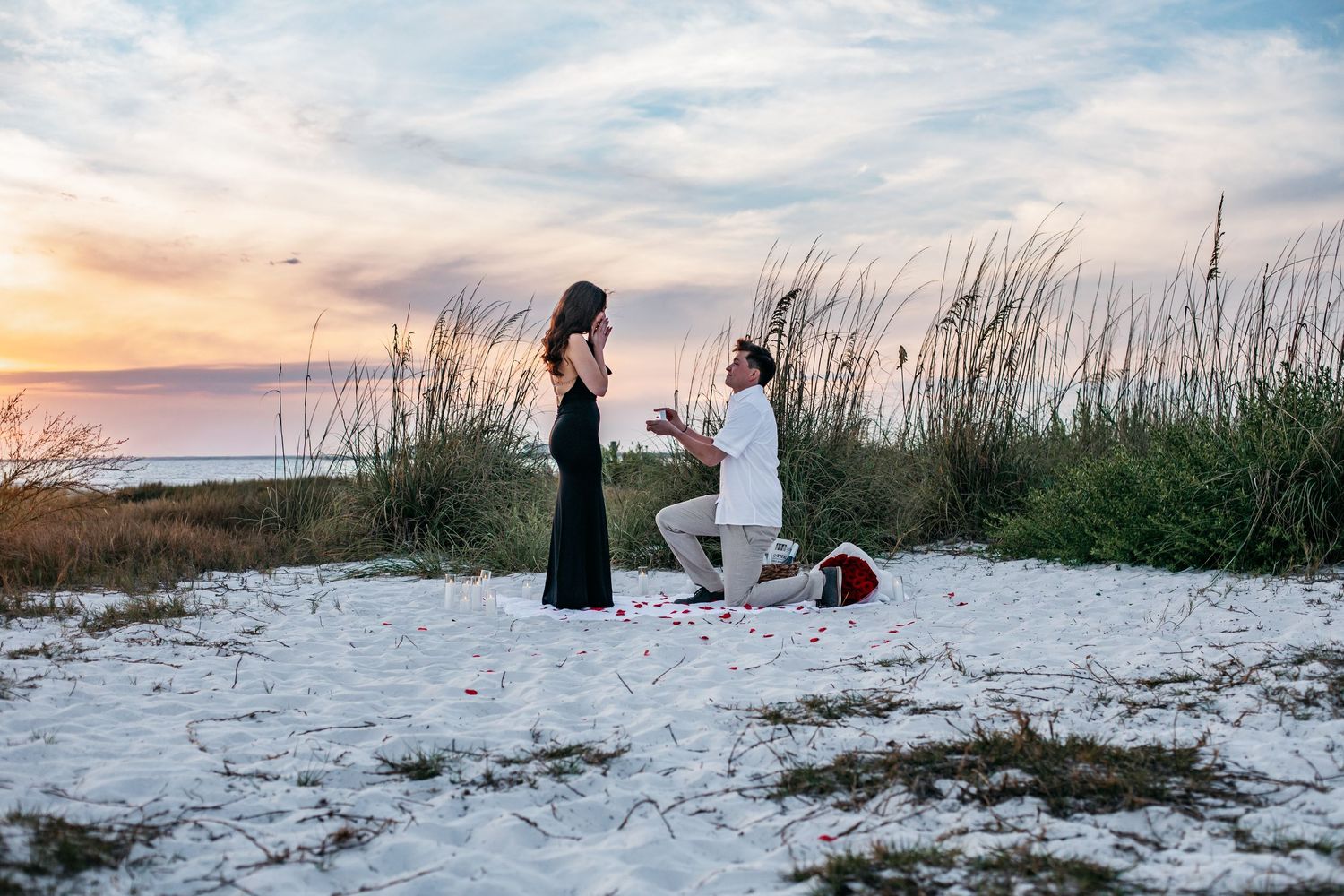 Man proposes to woman on white sand beach at sunset, rose petals scattered nearby, tall sea grass in background.