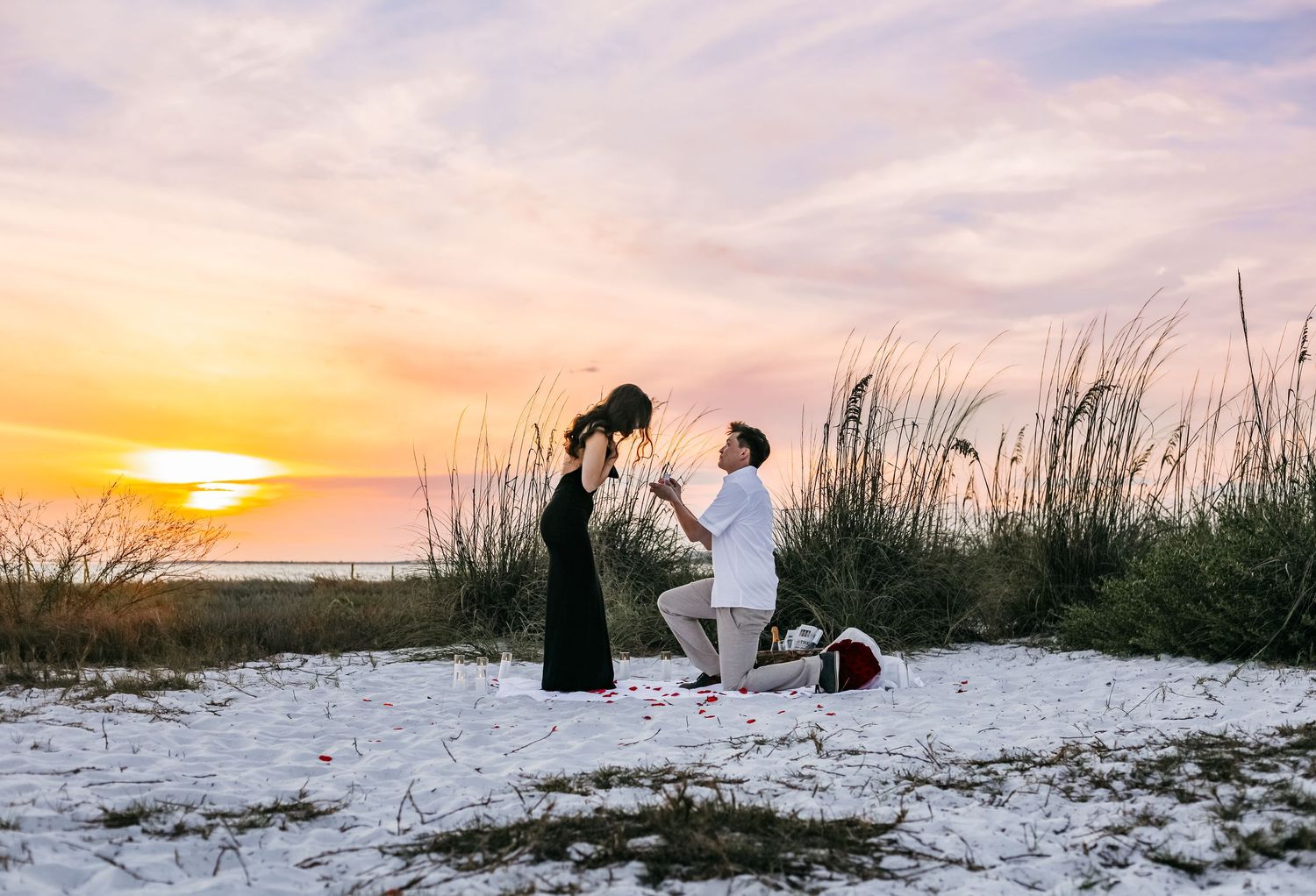 A man proposes to a woman on a sandy beach at sunset, with rose petals and a picnic basket nearby.