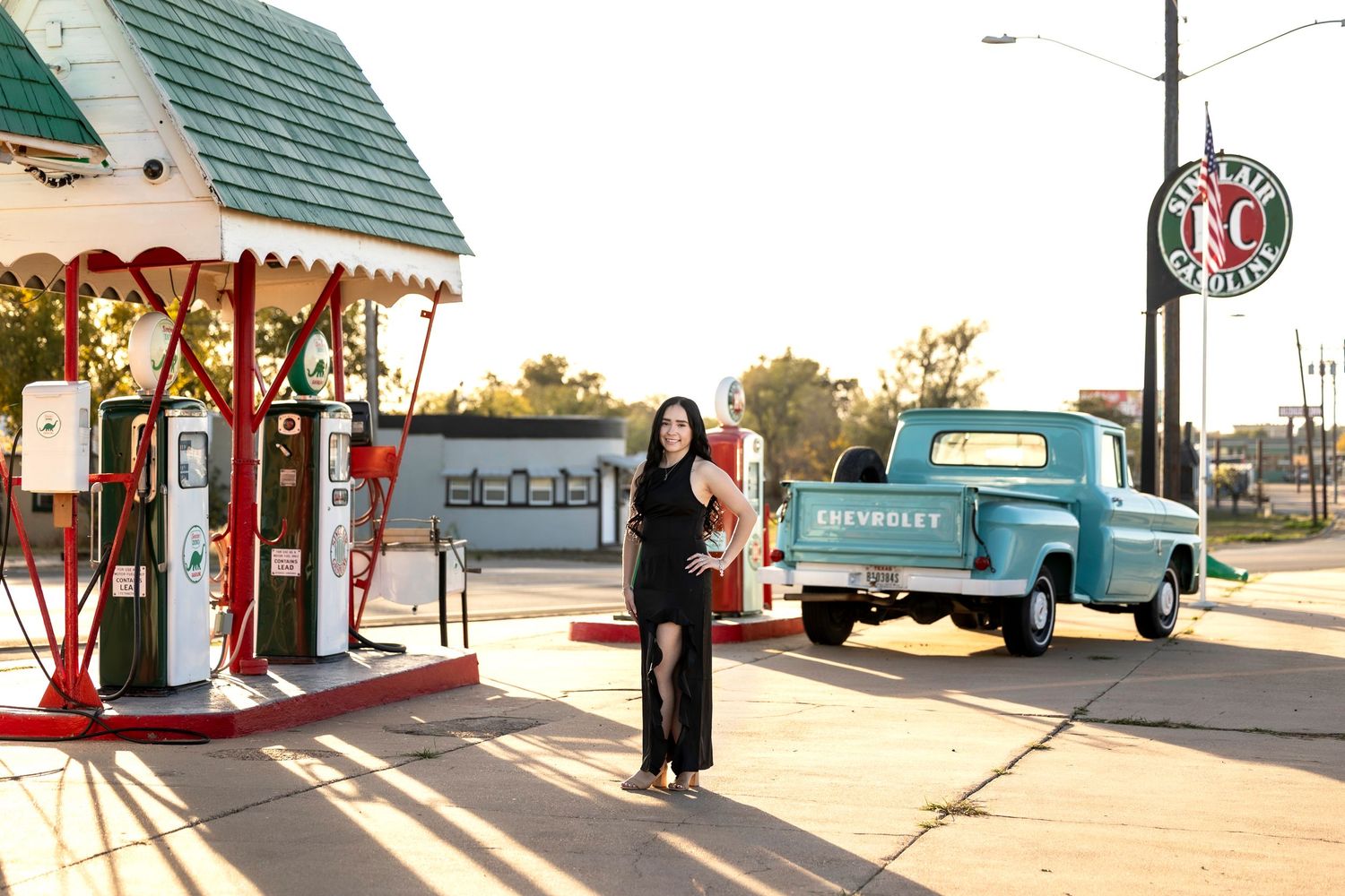 A nostalgic collection of vintage gas station scenes showing classic cars, retro pumps, and old-fashioned service stations.