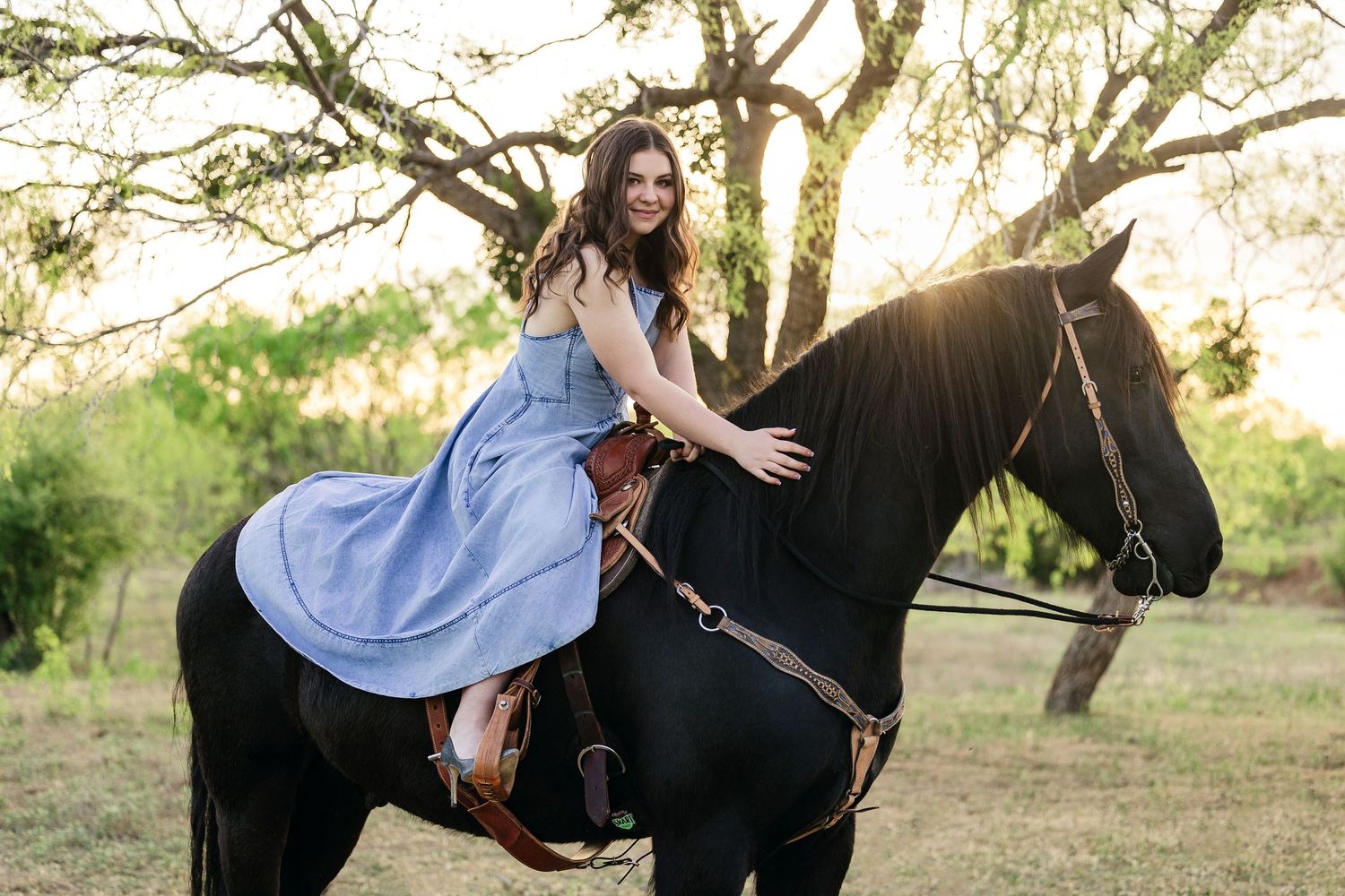 A person in a blue shirt and jeans poses with a black horse in a grassy field during sunset.