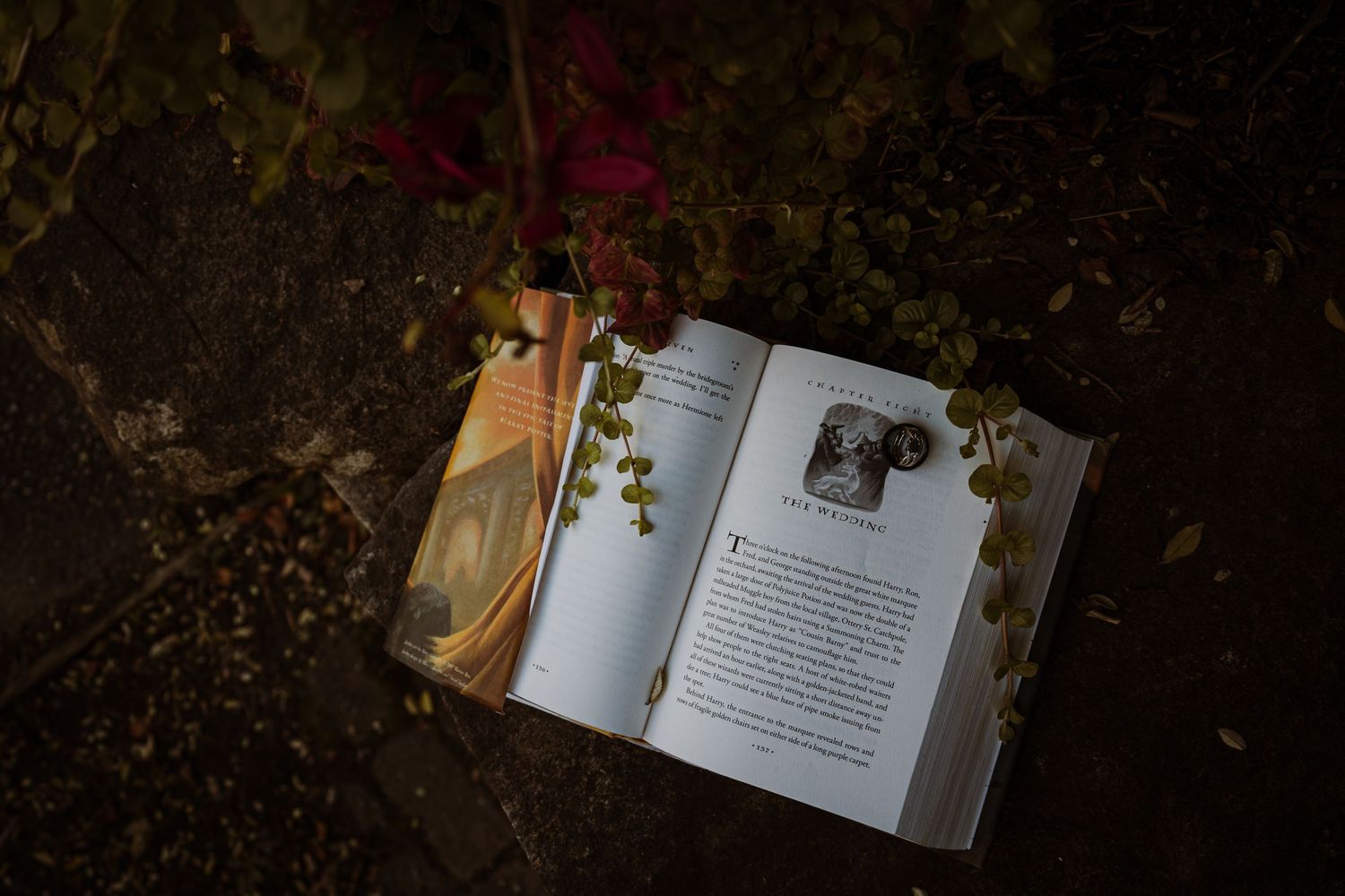 Open book lying on dark surface with flowers and natural elements creating moody atmosphere.