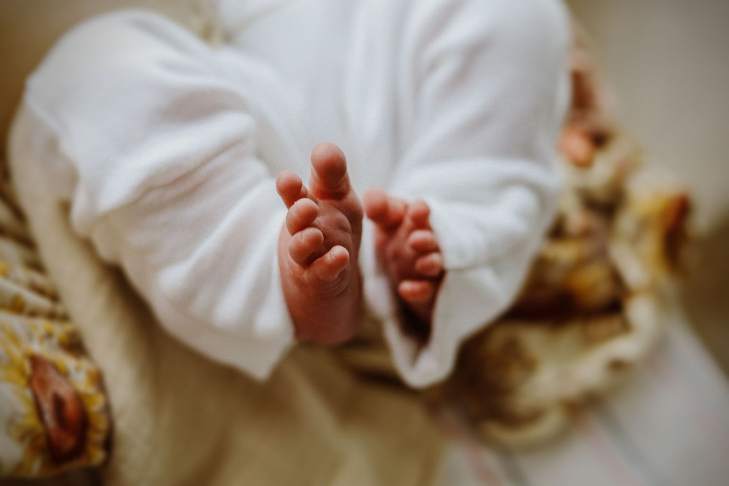 Close-up of tiny baby feet wrapped in soft white blanket.