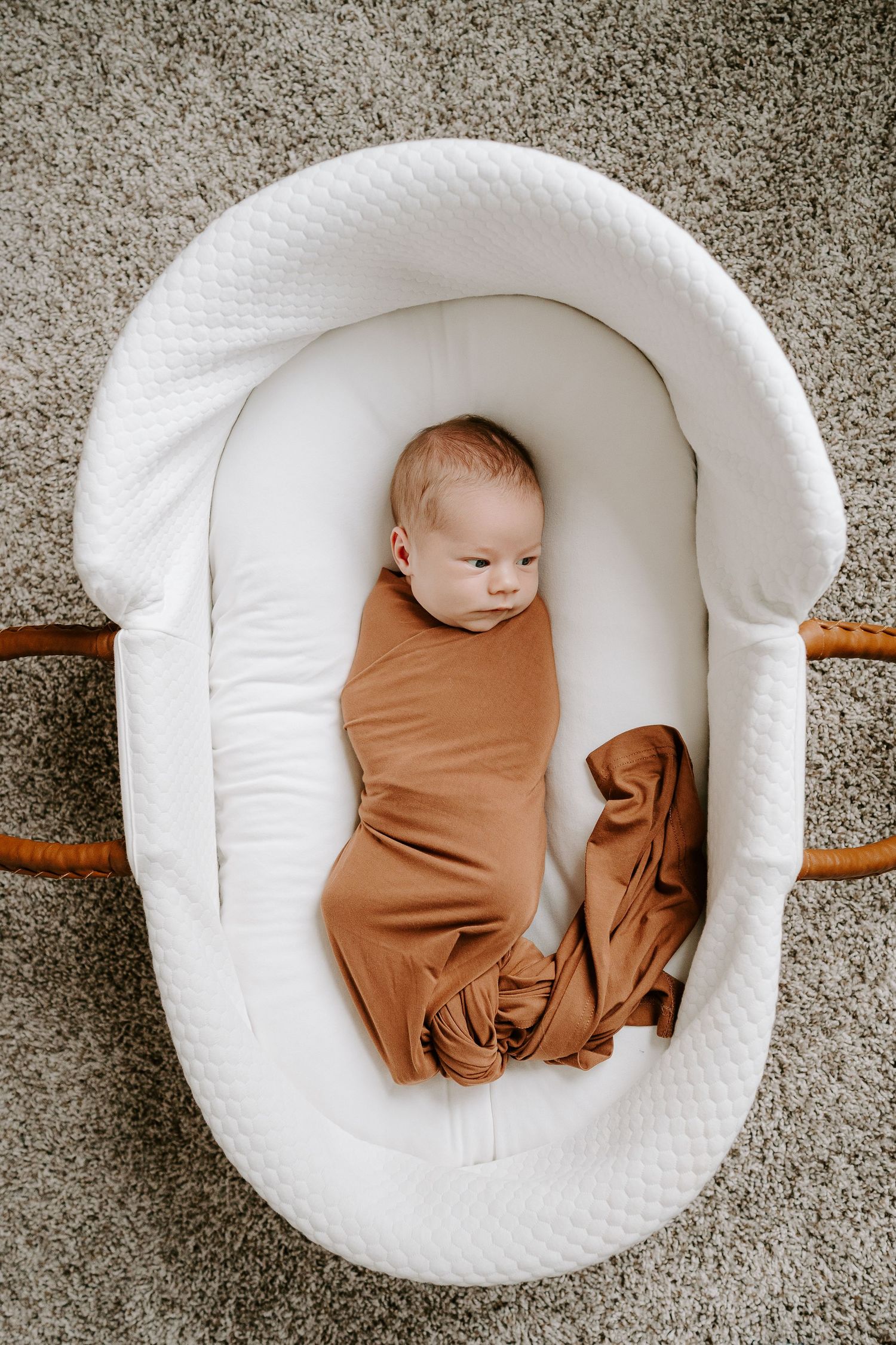 Sleeping newborn baby swaddled in brown wrap lying in white Moses basket.
