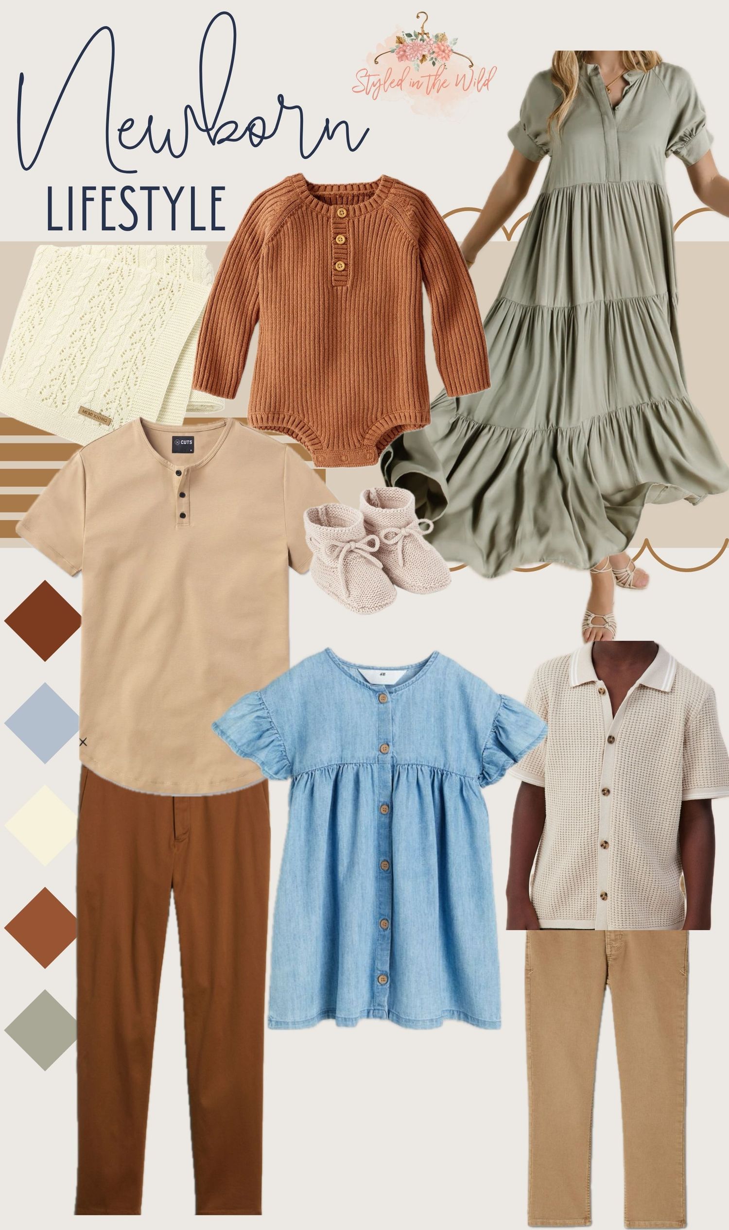 Newborn lifestyle outfit guide featuring sage green, rust, and denim blue family clothing.