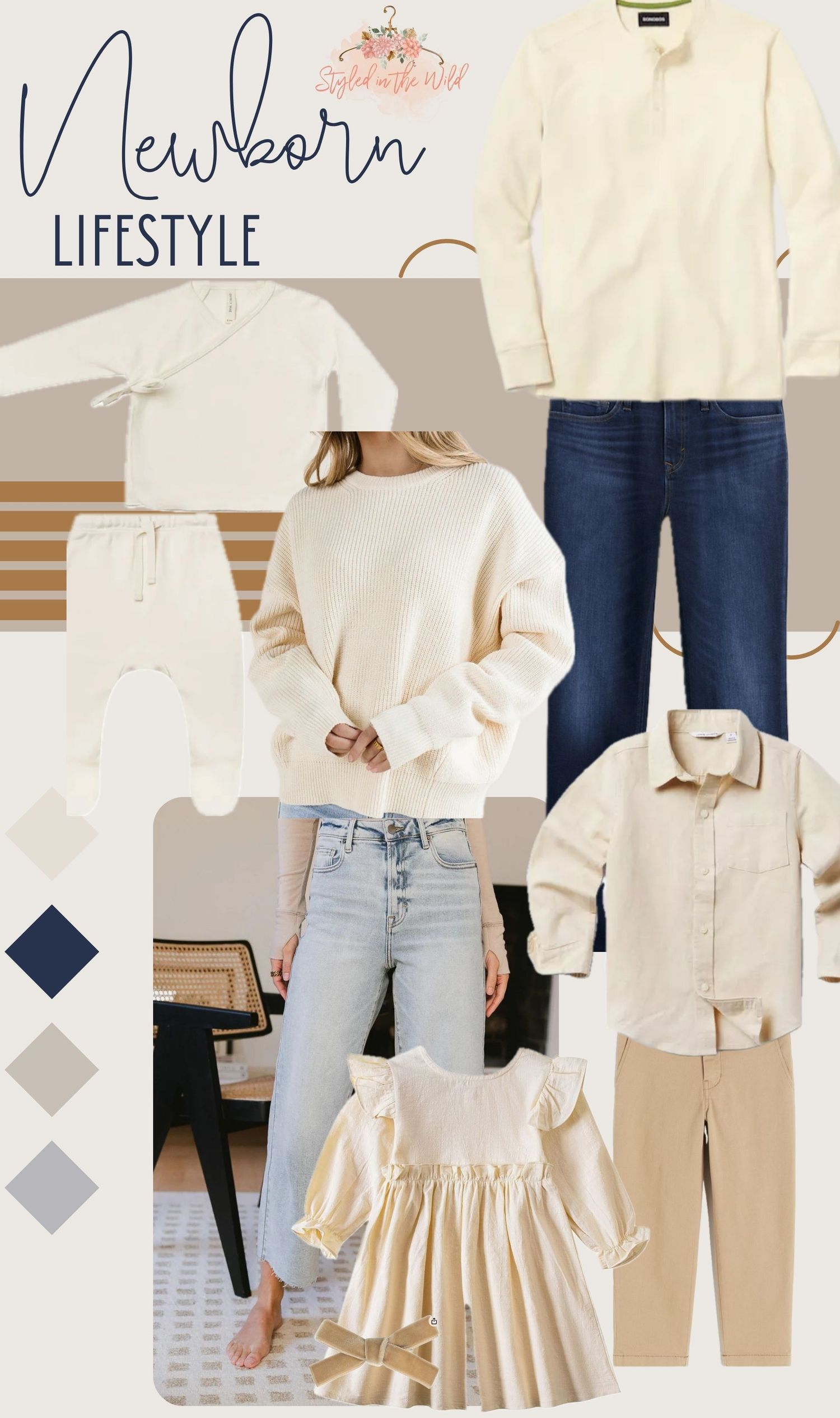 Newborn lifestyle session outfit inspiration featuring cream and navy tones for family.