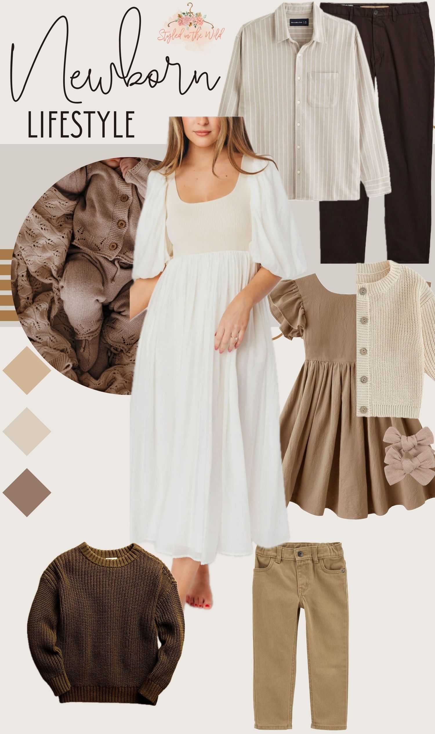Newborn lifestyle photography outfit guide featuring neutral brown and white clothing.