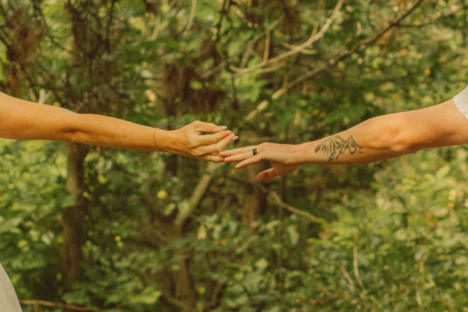 Two hands reaching toward each other outdoors, one with a floral tattoo, against a lush green forest background.