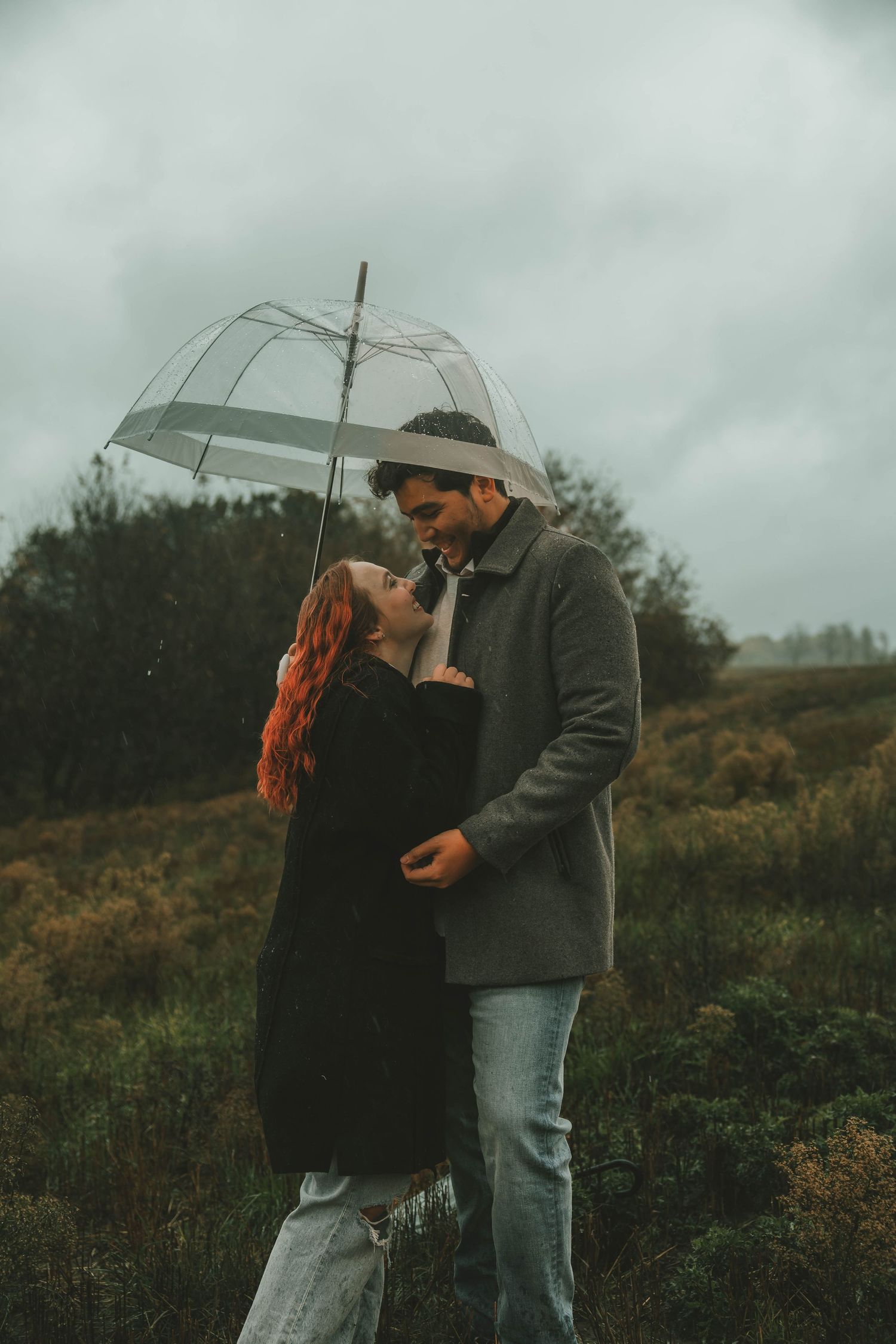 A couple shares an intimate moment under a clear umbrella on a moody, overcast day in nature.