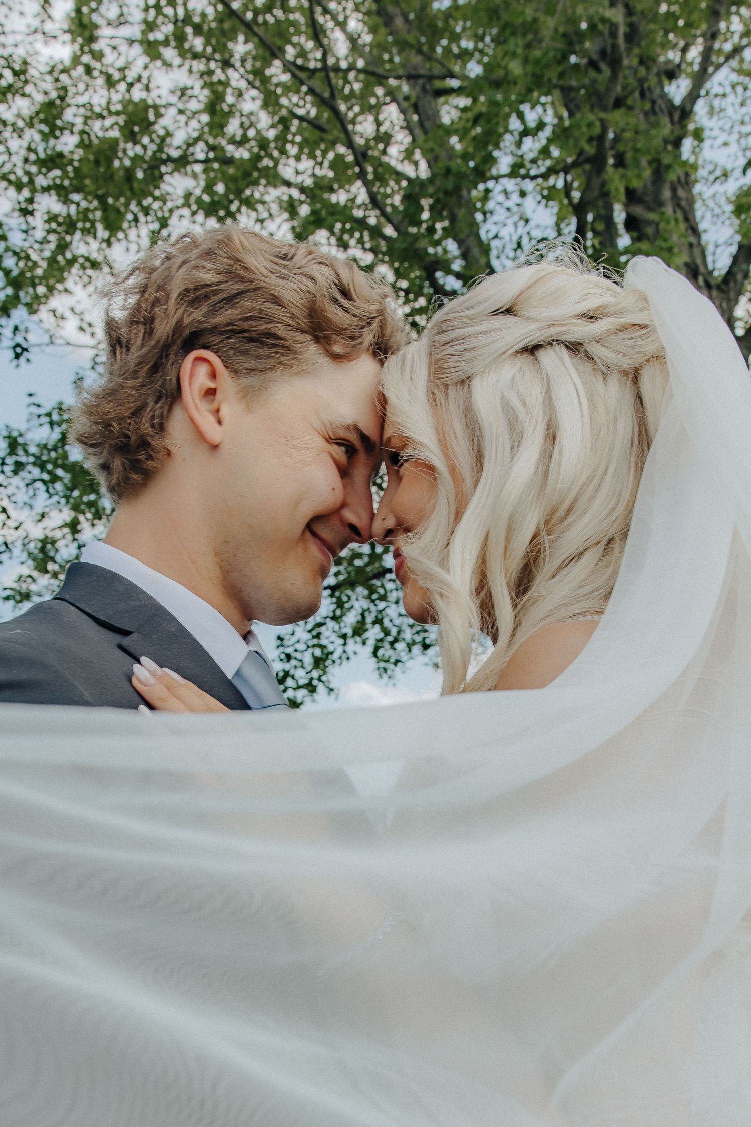 A bride and groom touch foreheads romantically under a flowing white veil outdoors surrounded by lush green trees.