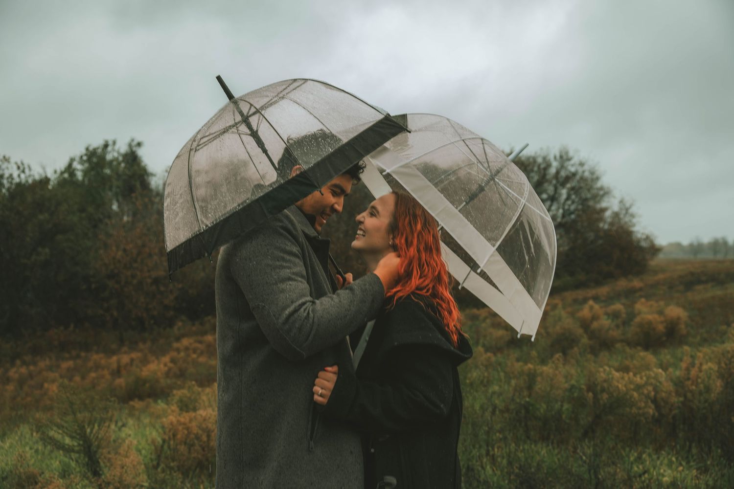 A couple embraces beneath a clear umbrella on an overcast autumn day in nature.