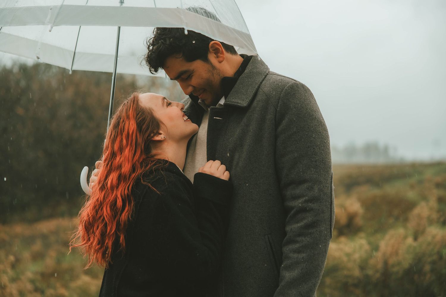 Romantic couple shares intimate moment under cloudy sky in autumn field with clear umbrella.