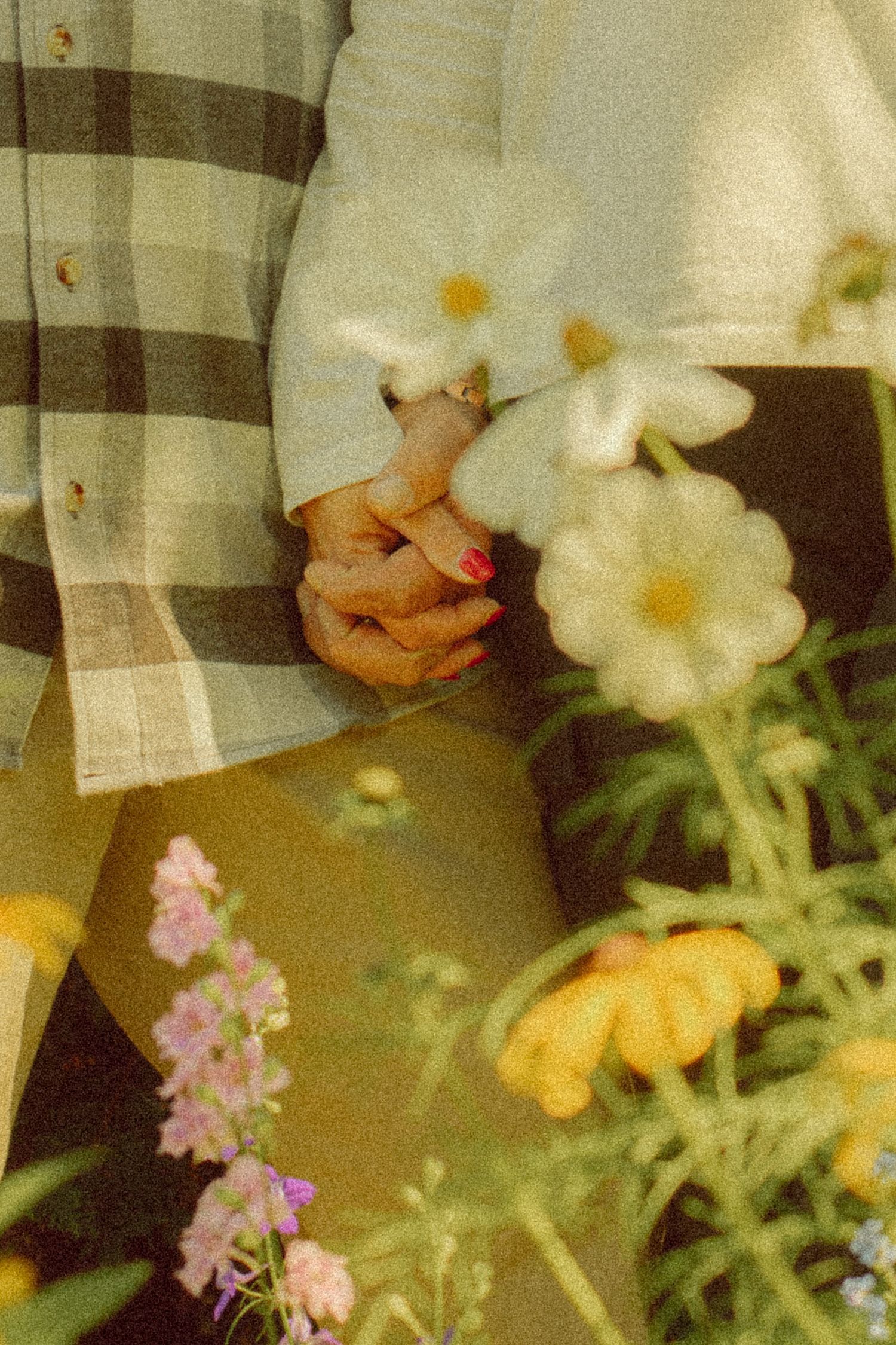 Two people holding hands with red nail polish, clutching white flowers, surrounded by colorful blooms in a vintage-style photo.