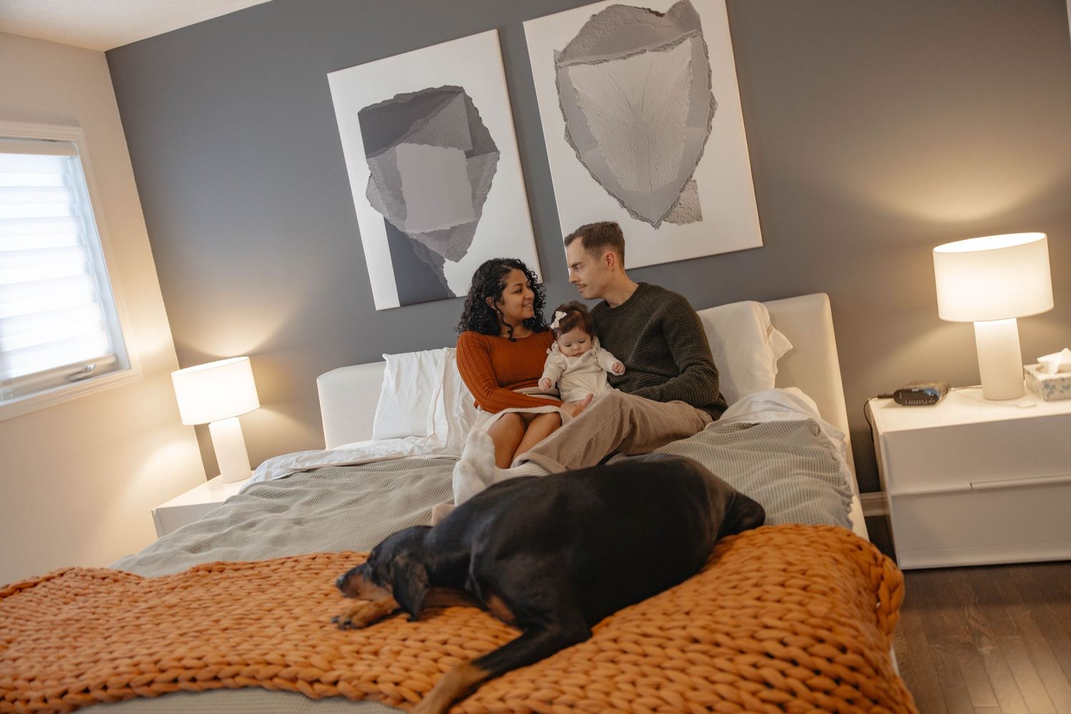 A series of photos showing a bedroom interior with orange bedding and grey walls in warm lighting.