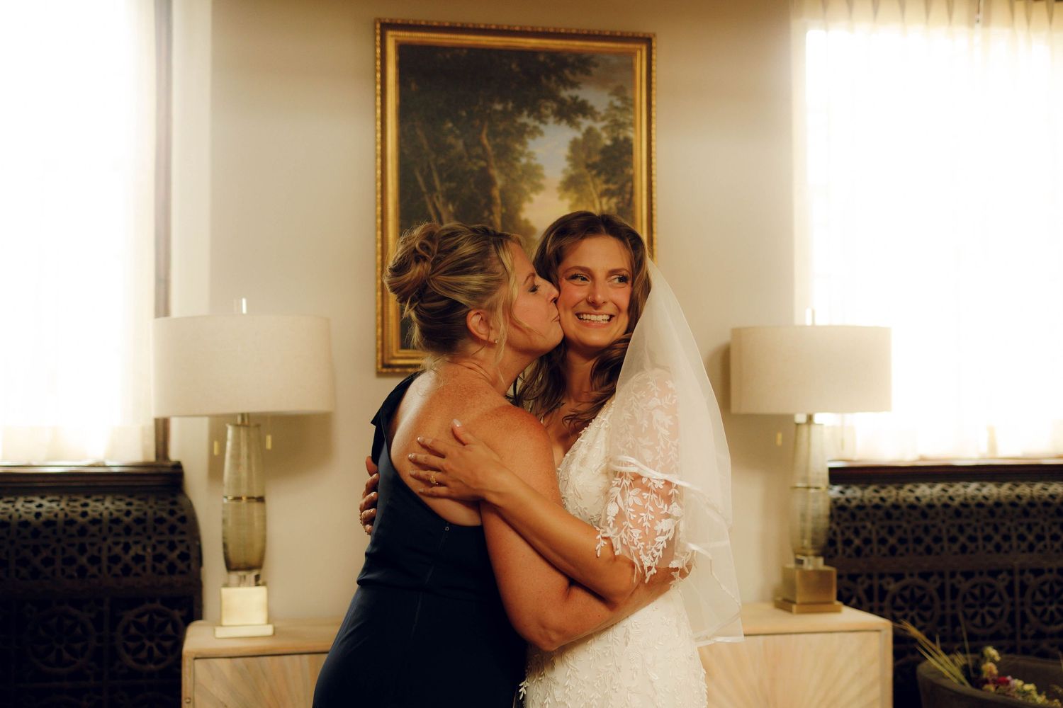 A series of intimate moments shown in a filmstrip-style sequence of photographs in a bright interior setting.