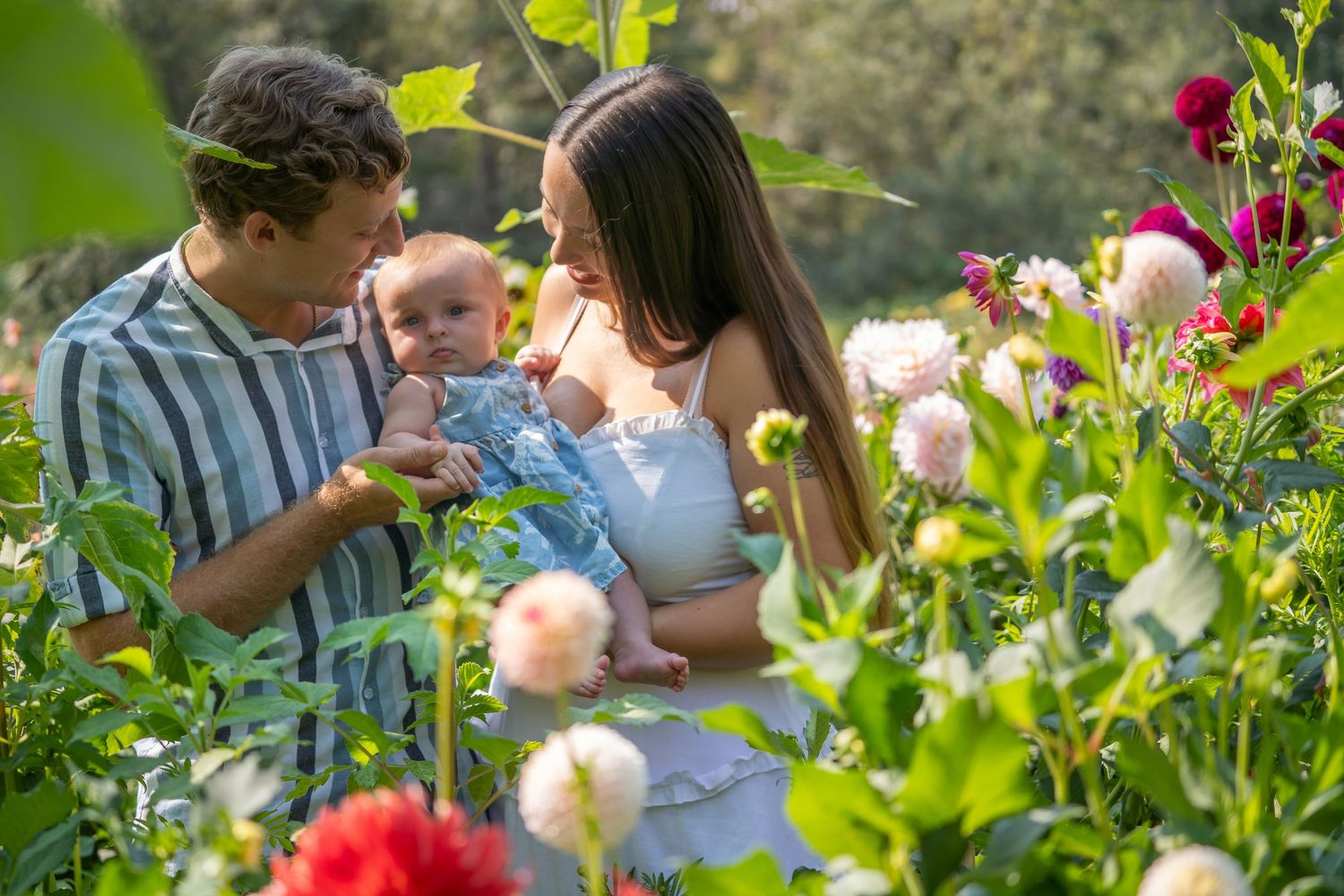 Family spending time together among blooming flowers in garden at sunset.
