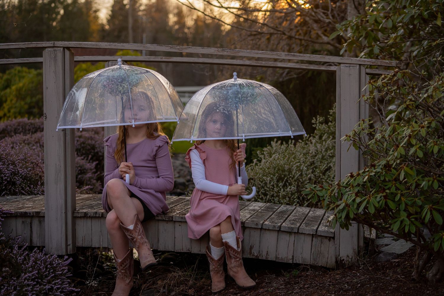 A series of romantic sunset photos showing couples sharing intimate moments under umbrellas in a garden setting.