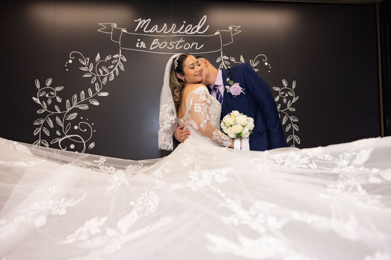 A collection of romantic wedding photos showing couples in elegant attire with decorative text overlays.