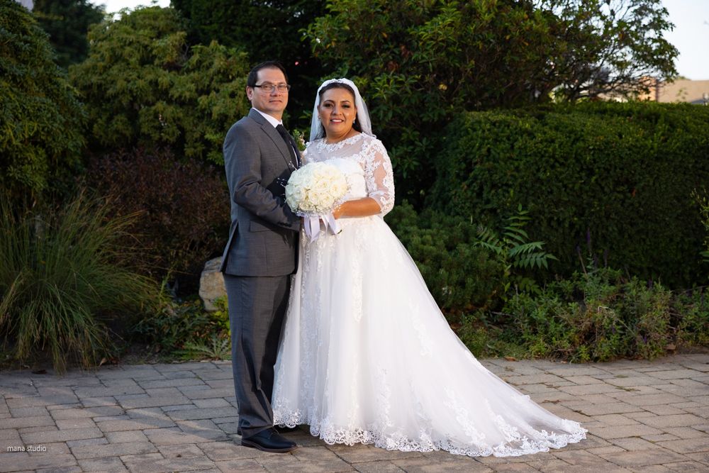 Elegant outdoor wedding photography sequence with white dress and formal attire.