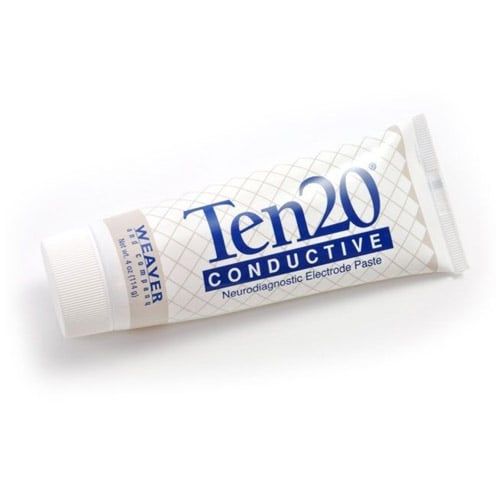 Three tubes of Ten20 conductive paste or gel lying on a white surface at different angles.