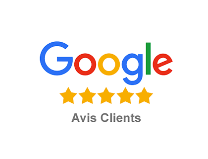 Google logo with five yellow stars underneath and 'Avis Clients' text footer in grey showing customer reviews.