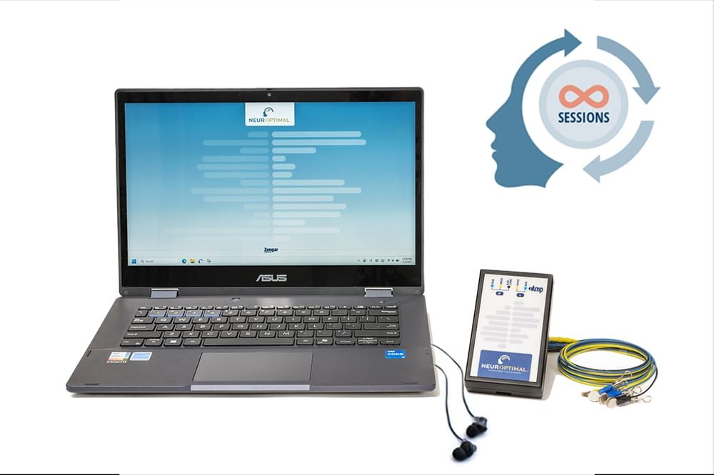 A laptop computer connected to a diagnostic device with cables and a brain icon showing infinite symbol.