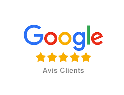Google logo with five yellow stars and 'Avis Clients' text displayed below against a dark background.