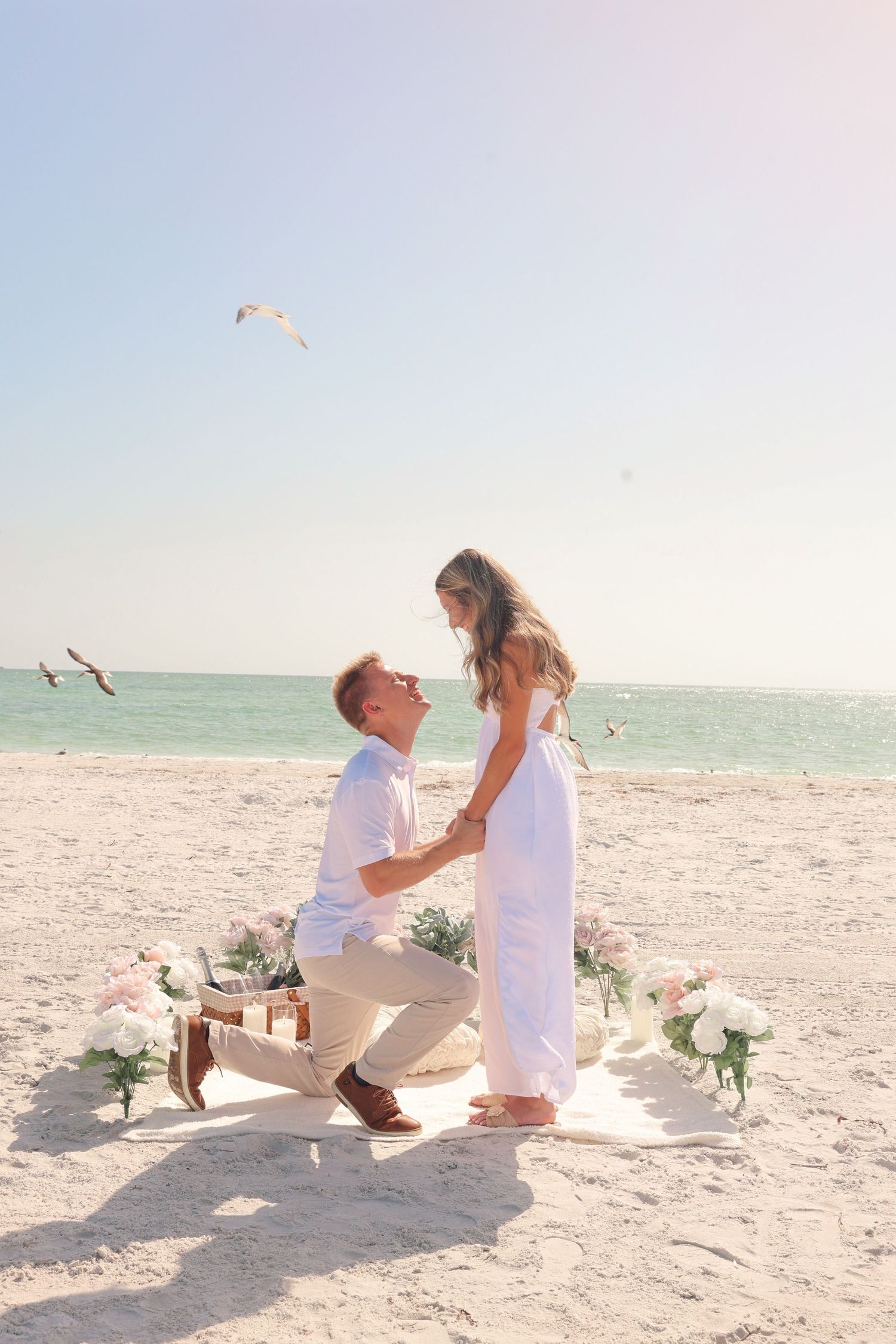 Marriage proposal scene on a white sandy beach with ocean backdrop and seagulls flying.