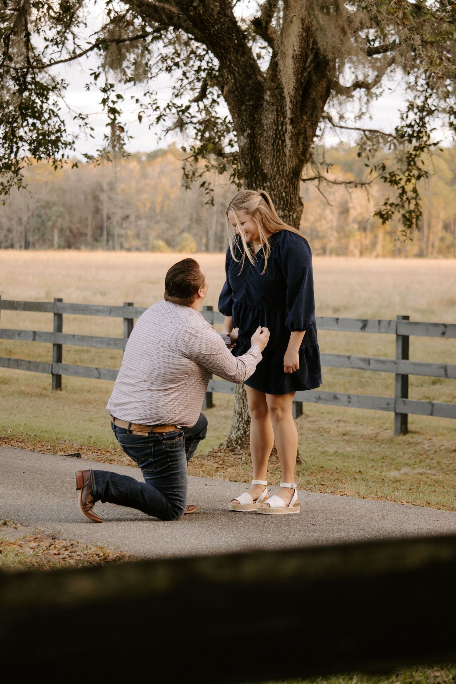 Two people share a tender moment on a rustic wooden bench overlooking a pastoral fenced field at sunset.