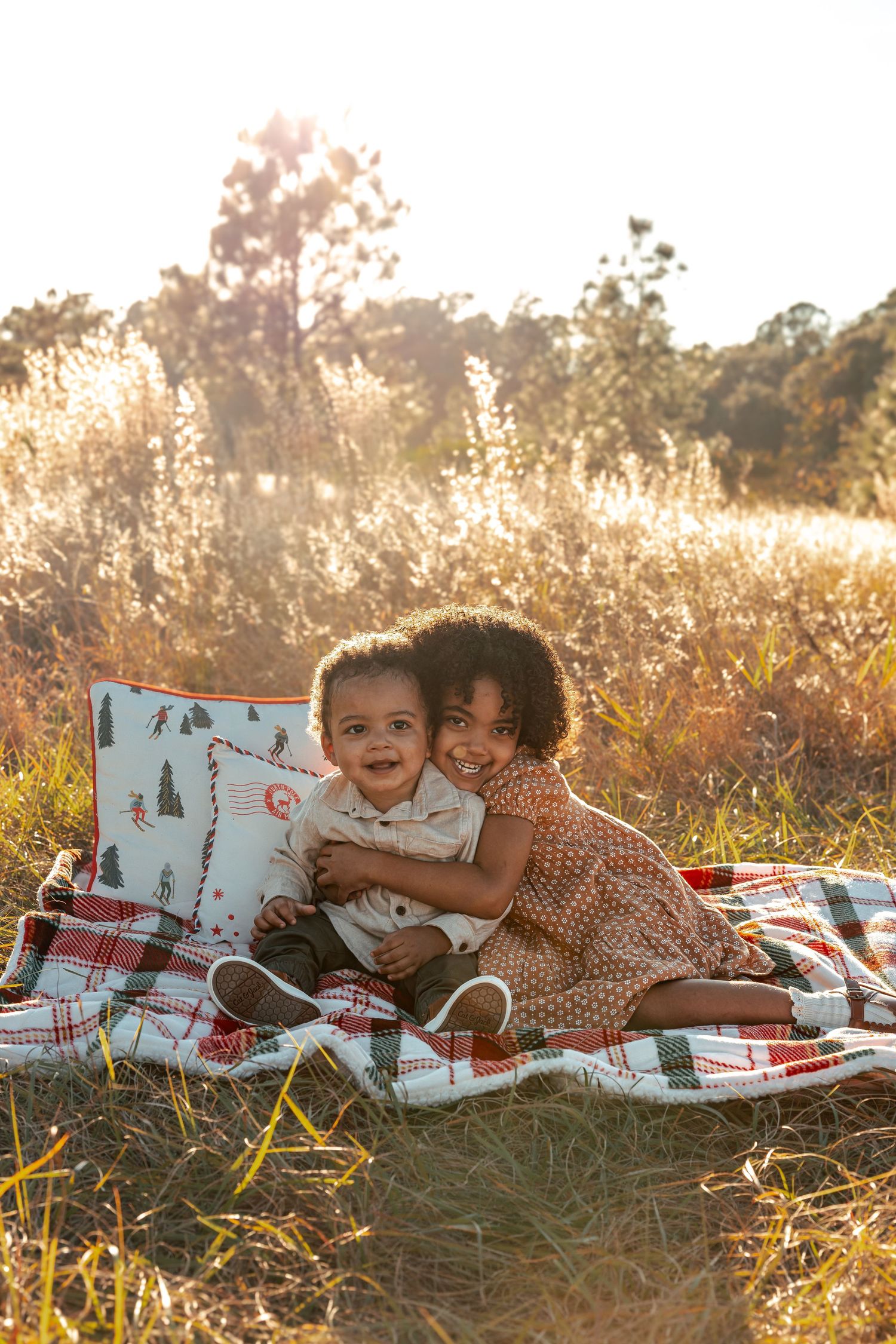 Children reading books together while laying on a blanket in a sunlit meadow during golden hour.