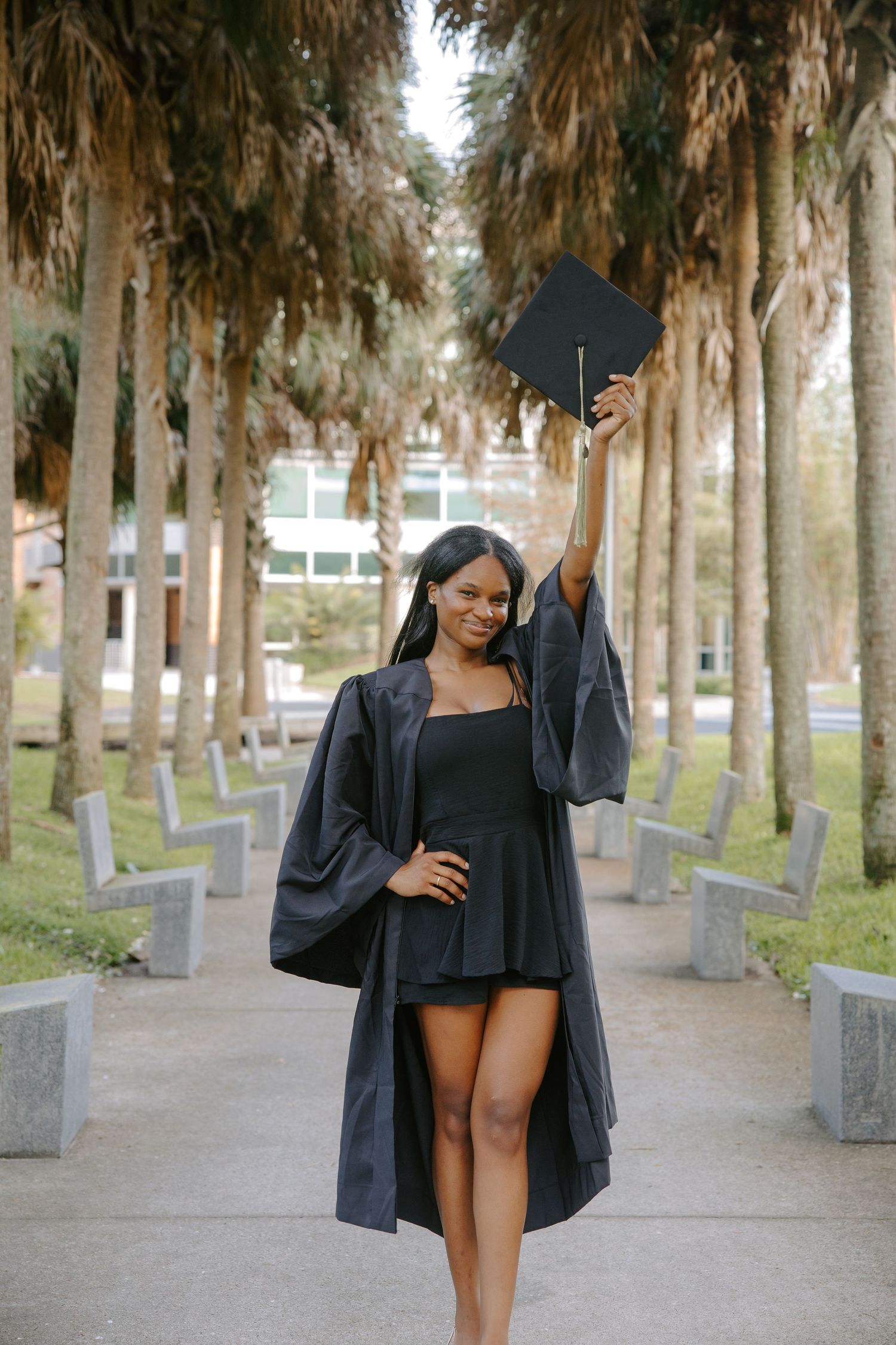 Graduation photos between palm trees with academic regalia and dramatic poses.