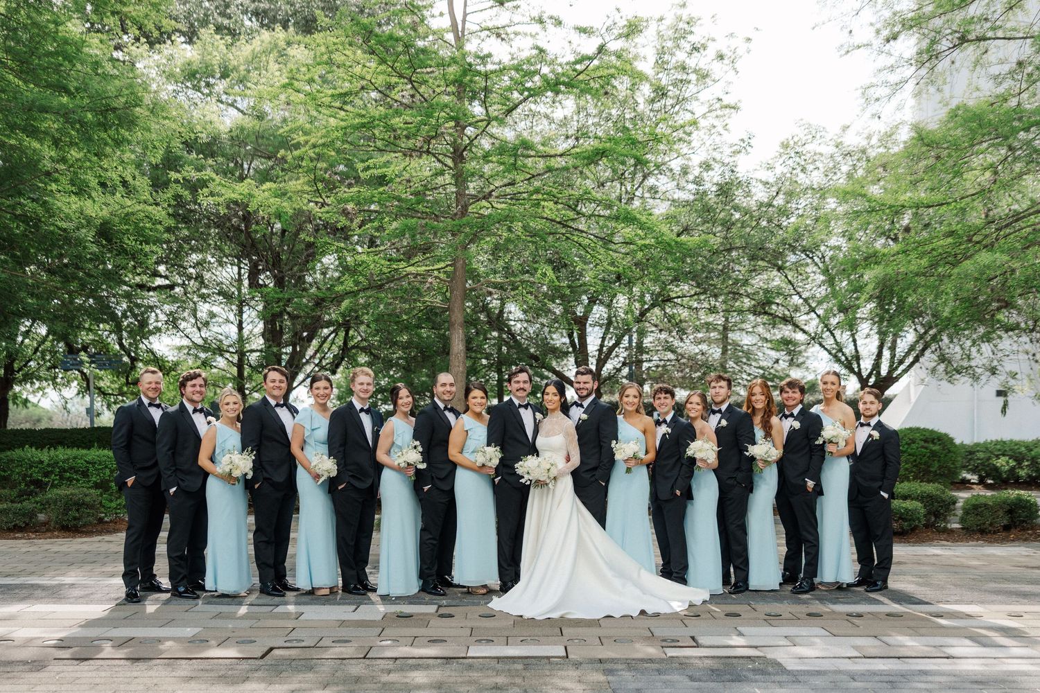Wedding party poses together outdoors with bridesmaids in light blue gowns and groomsmen in black tuxedos.