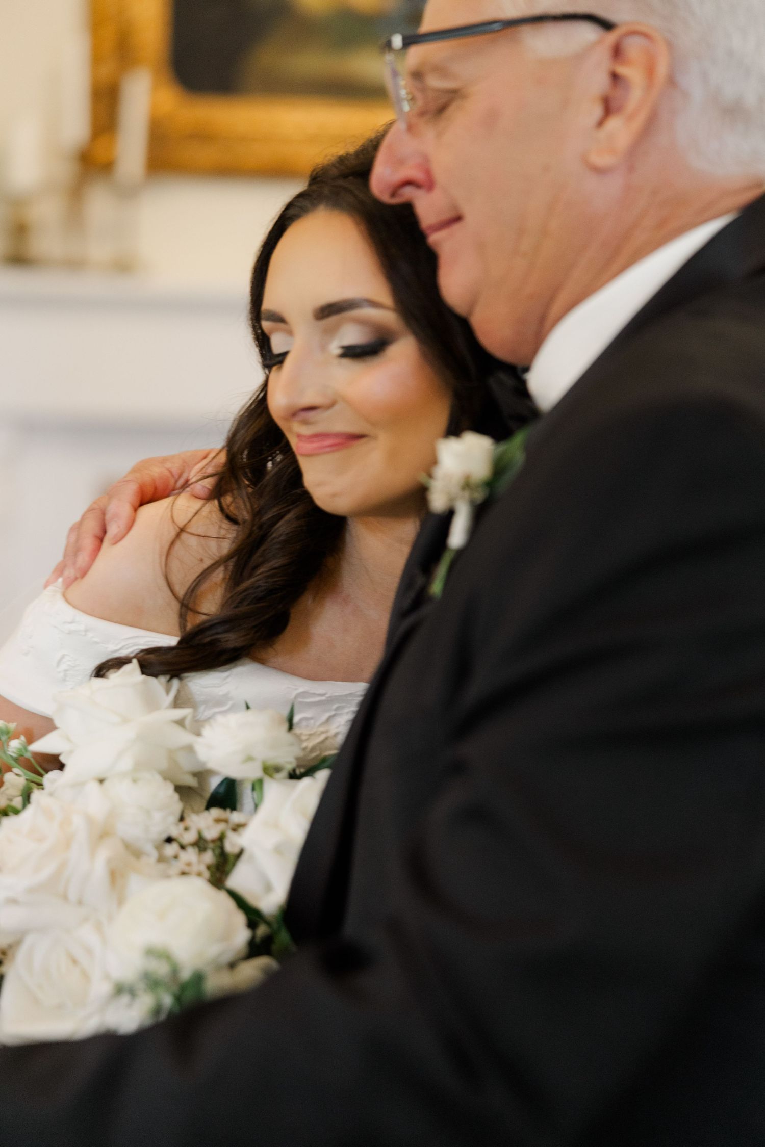 Emotional wedding moment captured in a series of intimate close-up shots in formal attire.