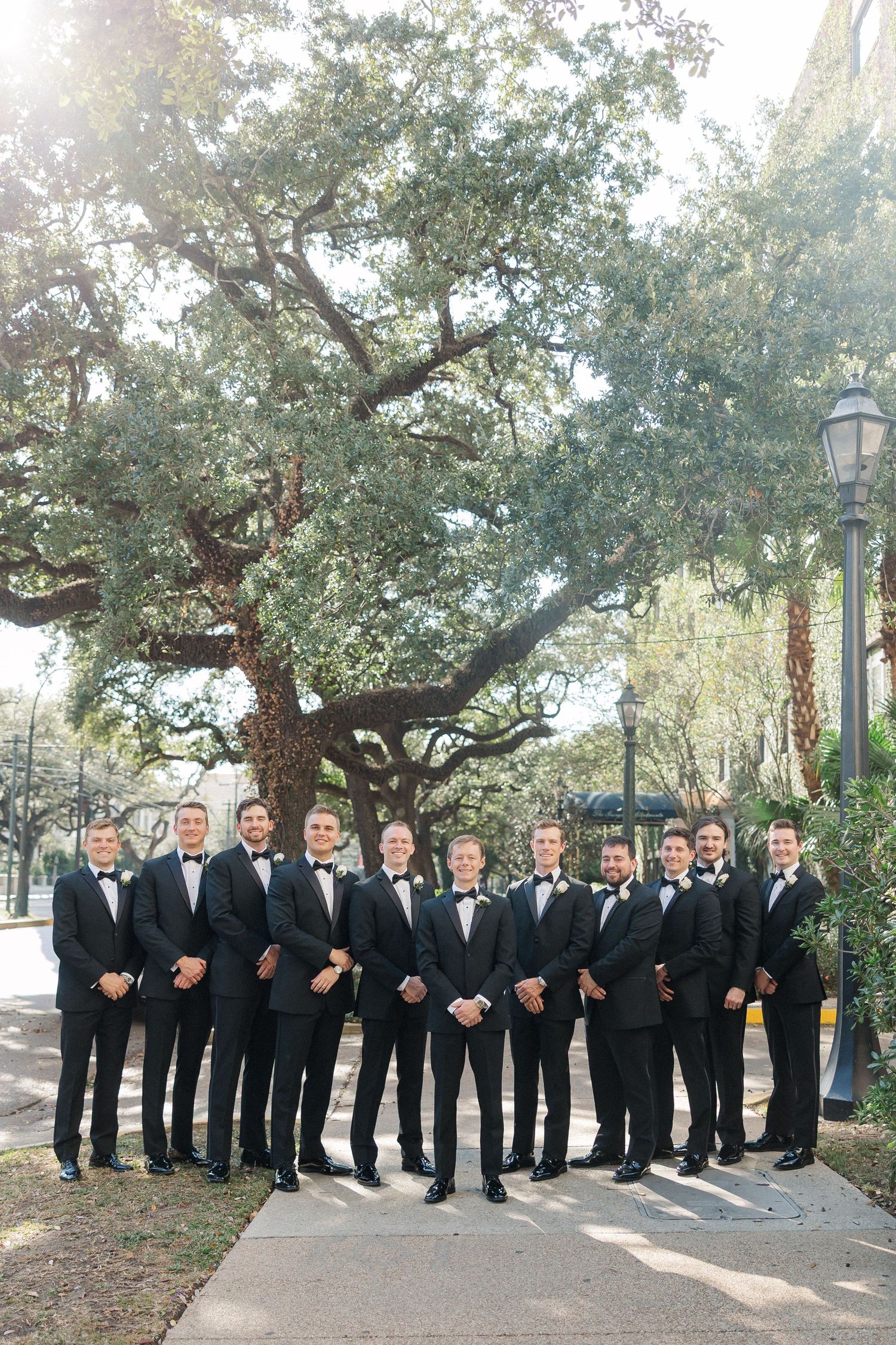 Groomsmen in black tuxedos pose together under a large oak tree in a park setting.
