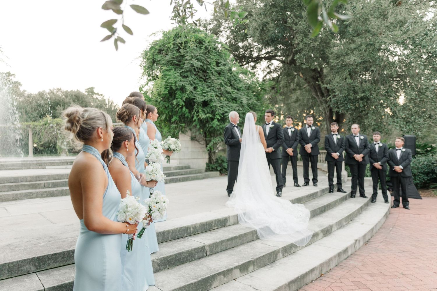 Wedding party standing on outdoor stone steps with light blue bridesmaid dresses and formal attire.