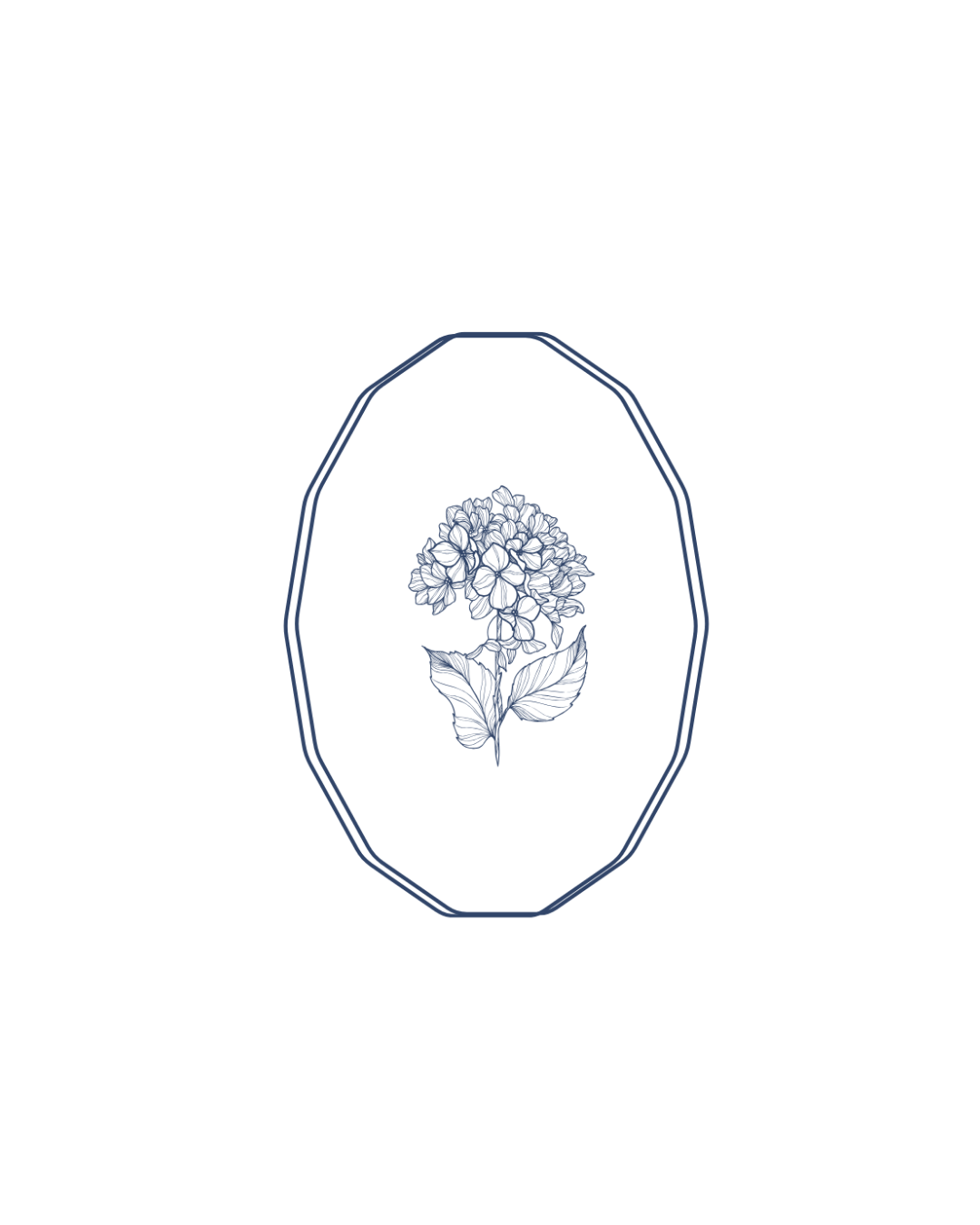 White octagonal plate with blue hydrangea floral illustration and navy border detail.