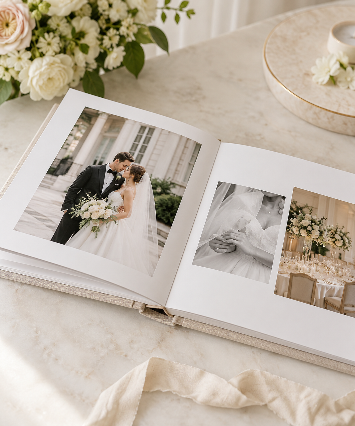 Open wedding photo album on marble table displaying bride and groom portraits, ring exchange, and floral reception decor.
