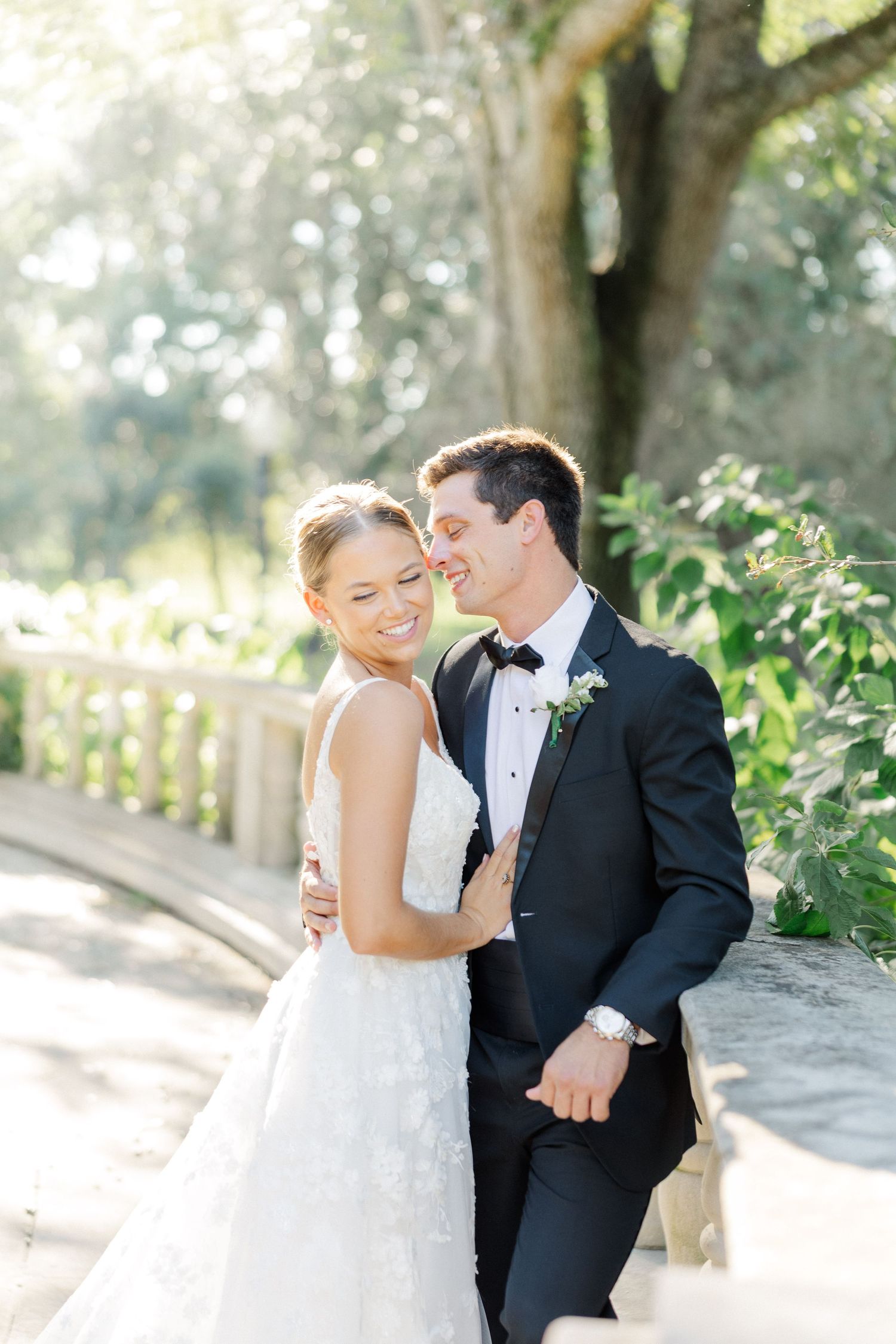 A romantic wedding photo sequence captured in a sunlit garden setting.