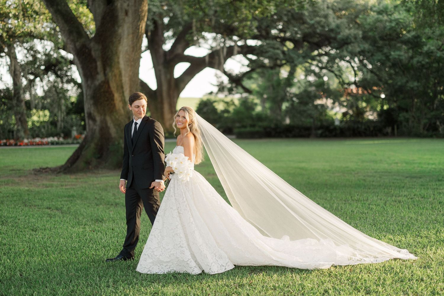 Bride and groom holding hands on green lawn with large oak tree backdrop on their wedding day.