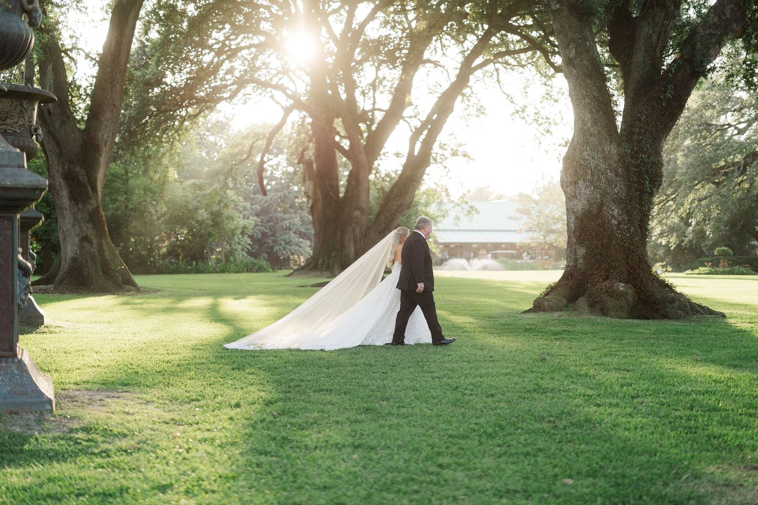 Bride and groom share a romantic kiss on a sunlit green lawn surrounded by large oak trees.