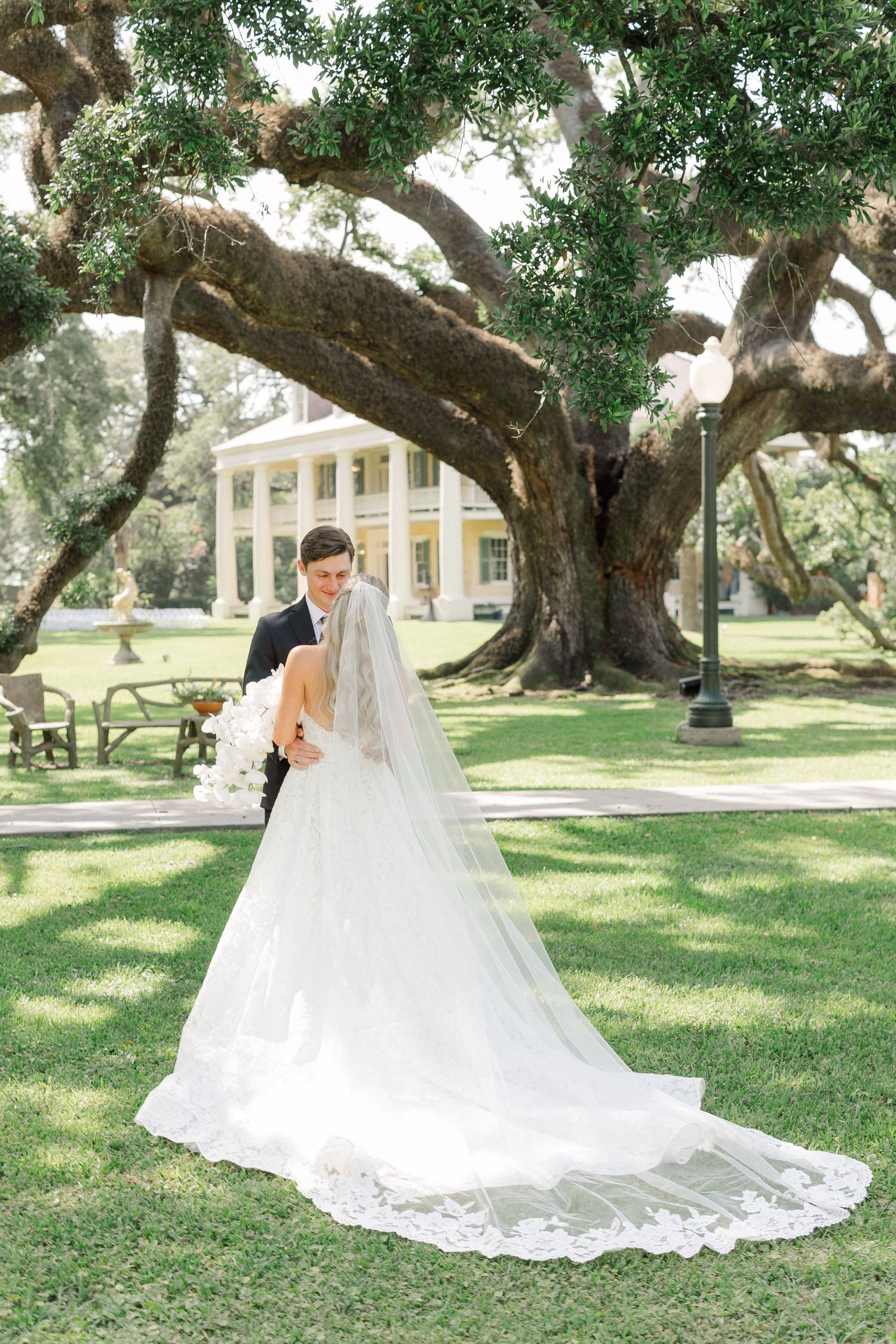 Bride and groom embrace under a grand oak tree on lush green grounds of a Southern plantation wedding venue.