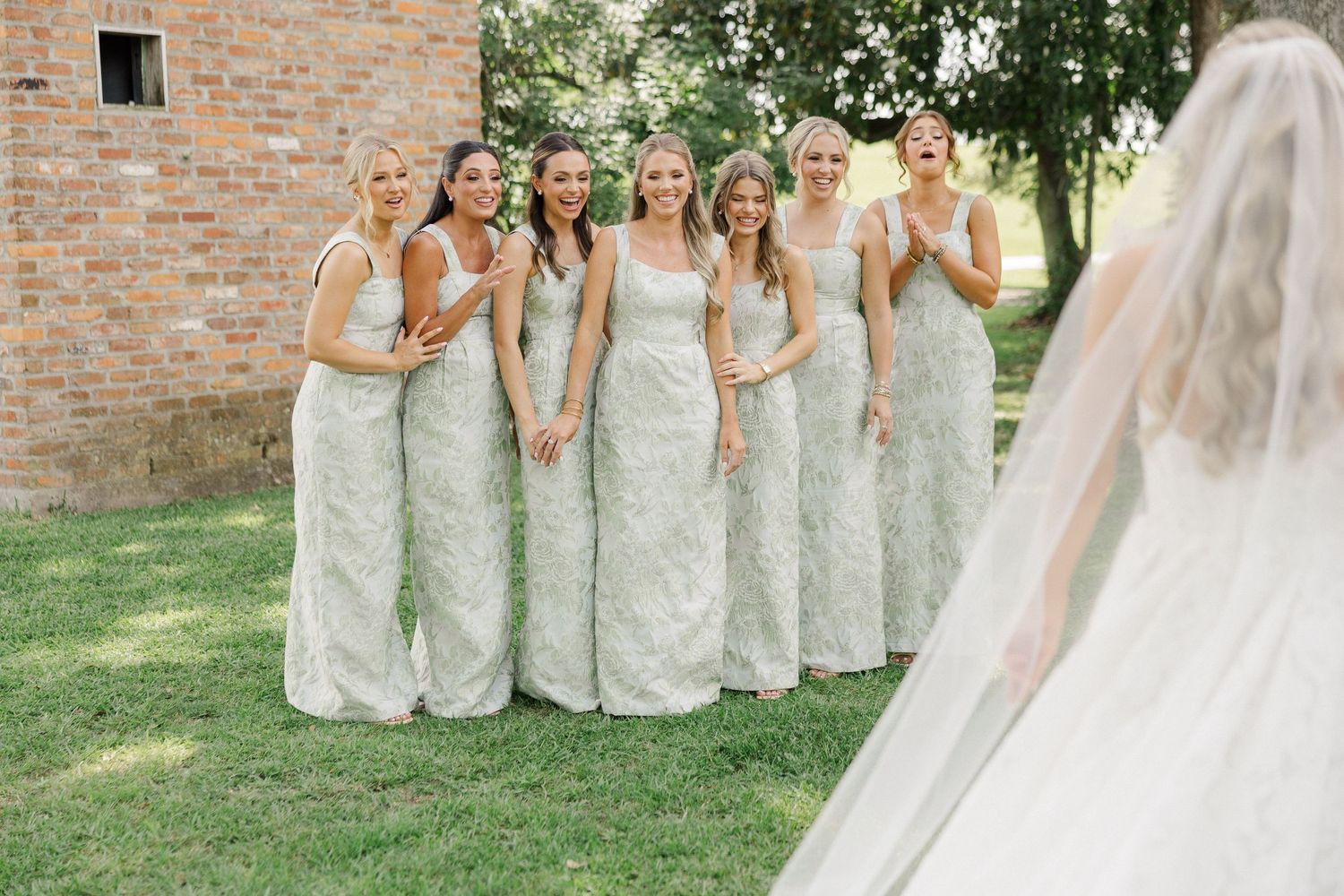 Bridesmaids in matching sage lace gowns react with joy seeing the bride in her white wedding dress outdoors.